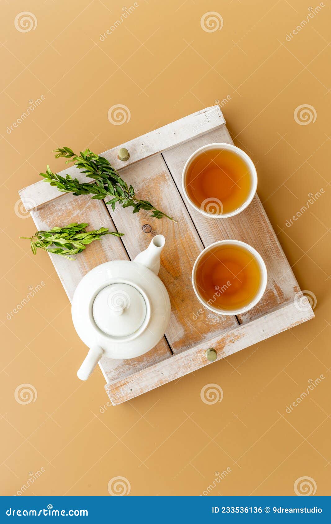 Two Cups of Tea with White Teapot, Top View Stock Photo Image of