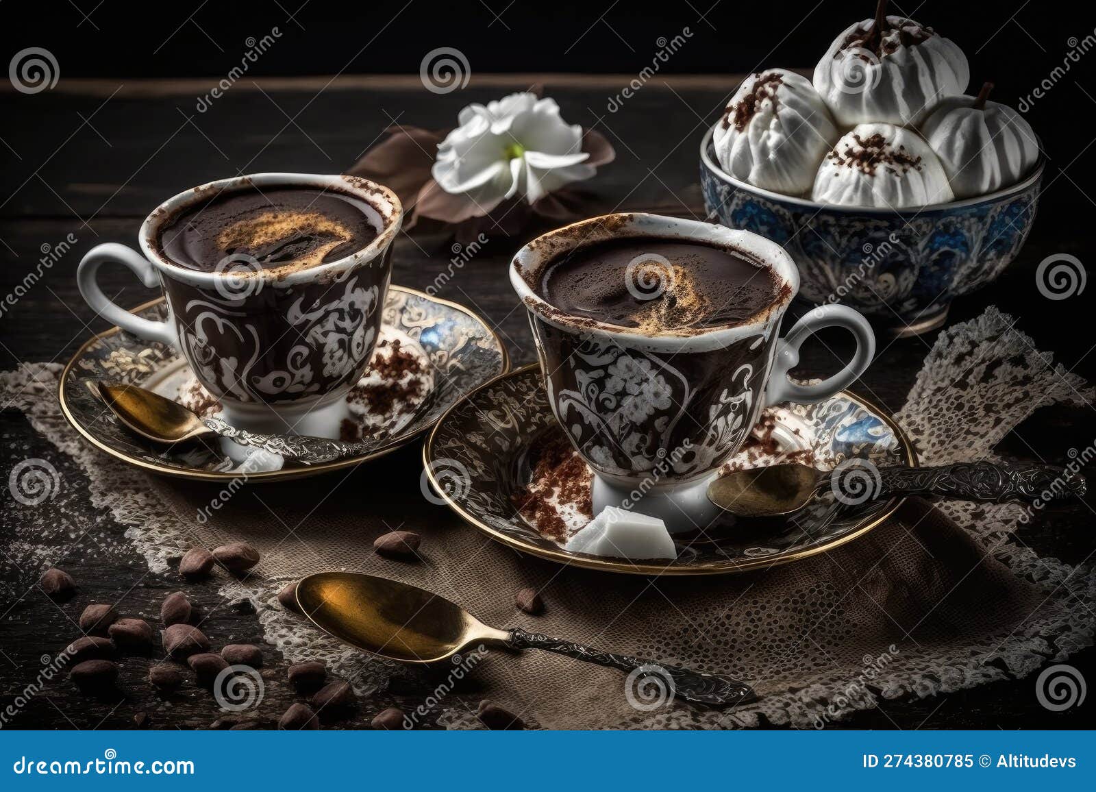 Two Cups of Turkish Coffee, with Cream and Sugar on the Side Stock