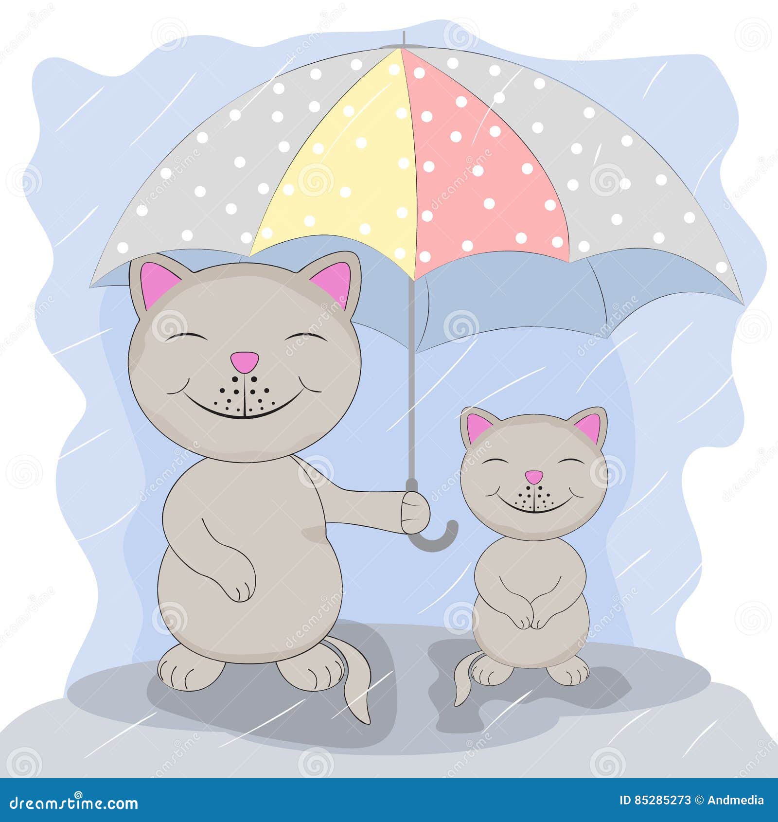 Two Cute Cartoon Cat with Umbrella Under the Rain. Stock Vector