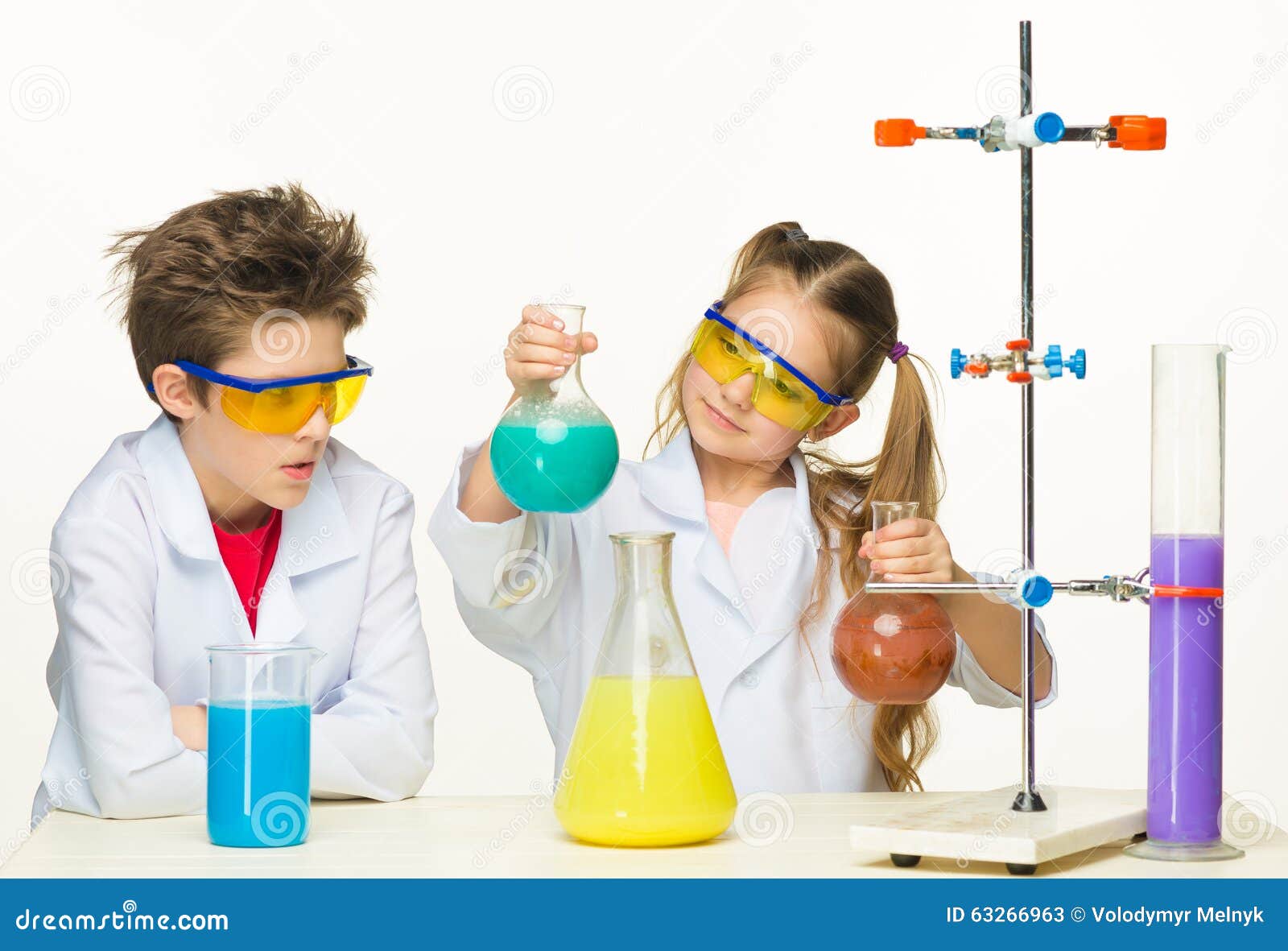 Two Cute Children At Chemistry Lesson Making Stock Image Image of