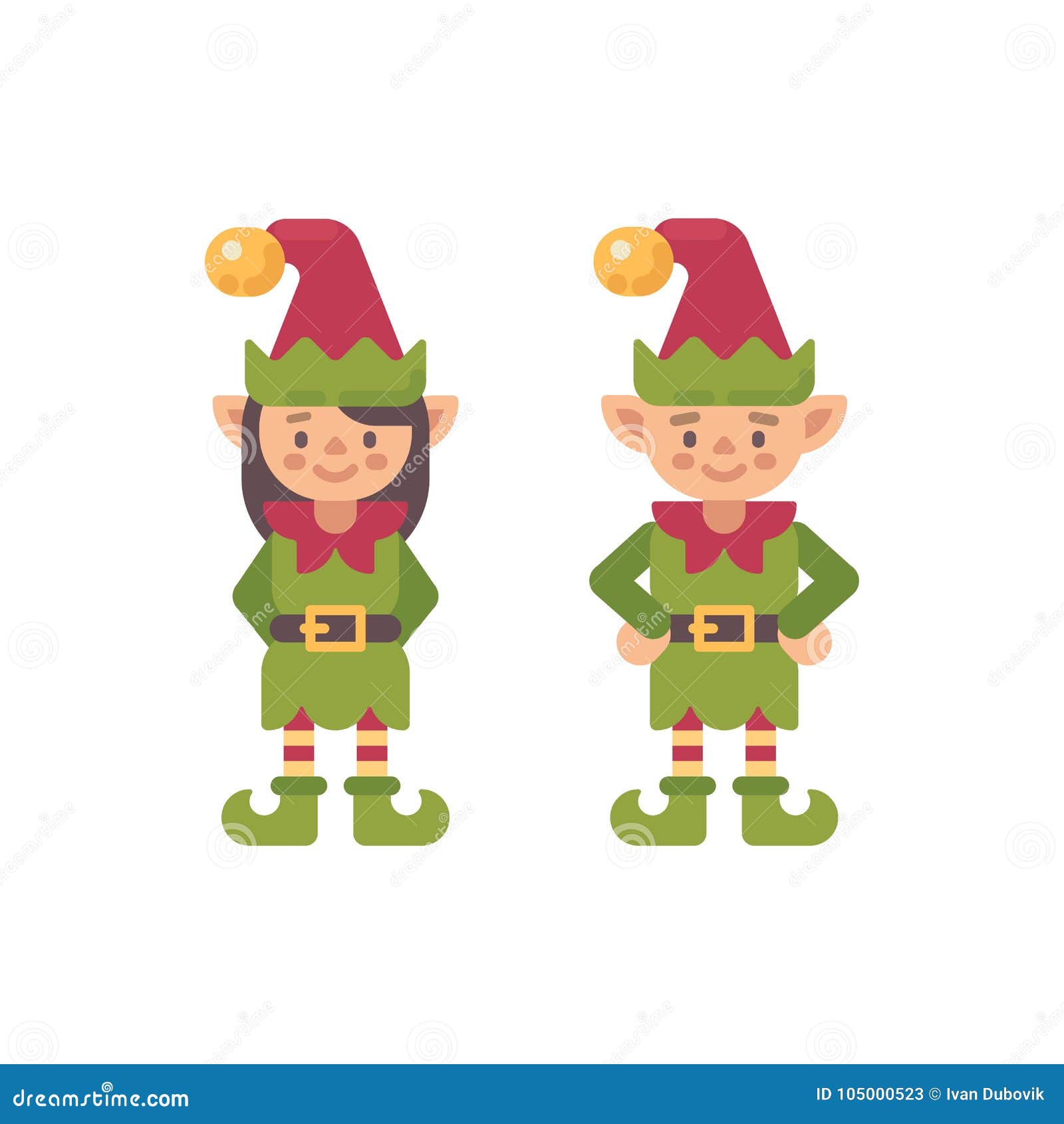 Two Cute Christmas Elves, Male And Female. Santa Claus Elf Icon Cartoon ...