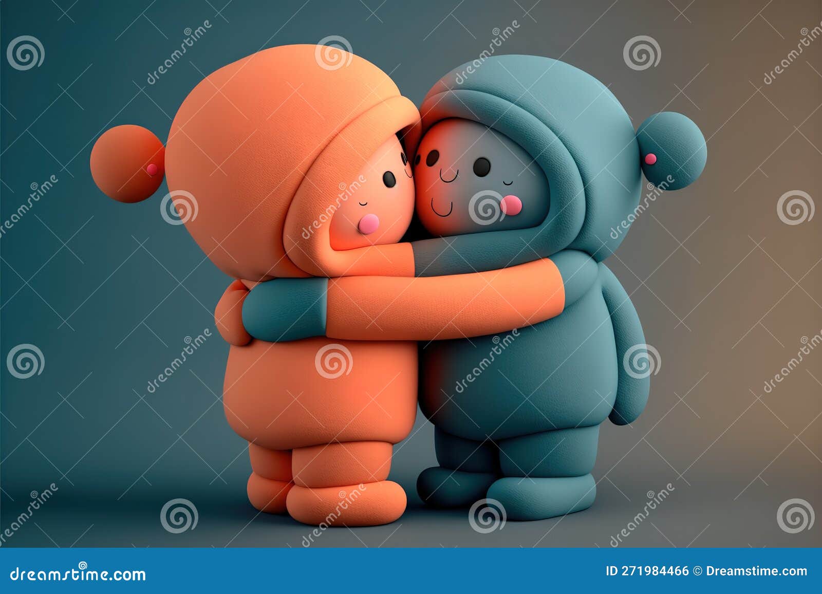 two cute felt and rubber 3d render characters giving hugs to each others, agenerative id. generative ai