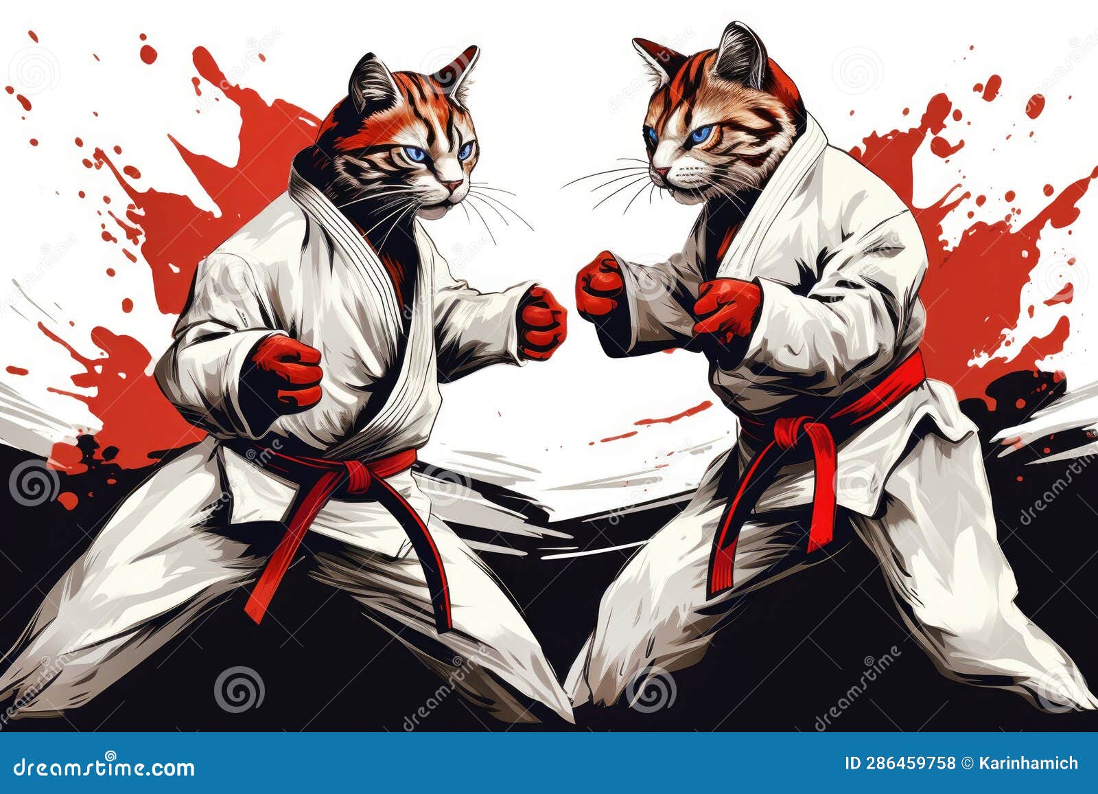 Two Cute Karate Fighters Cats in the Ring Stock Illustration