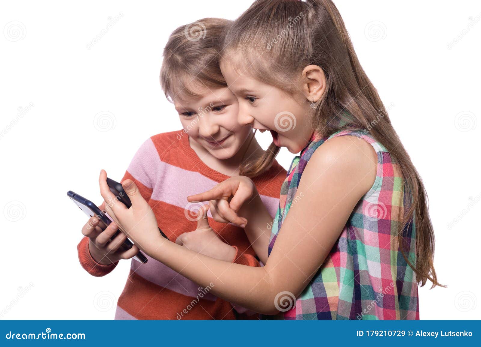 Two Cute Little Girls Posing With Mobile Phones Stock Image - Image of ...