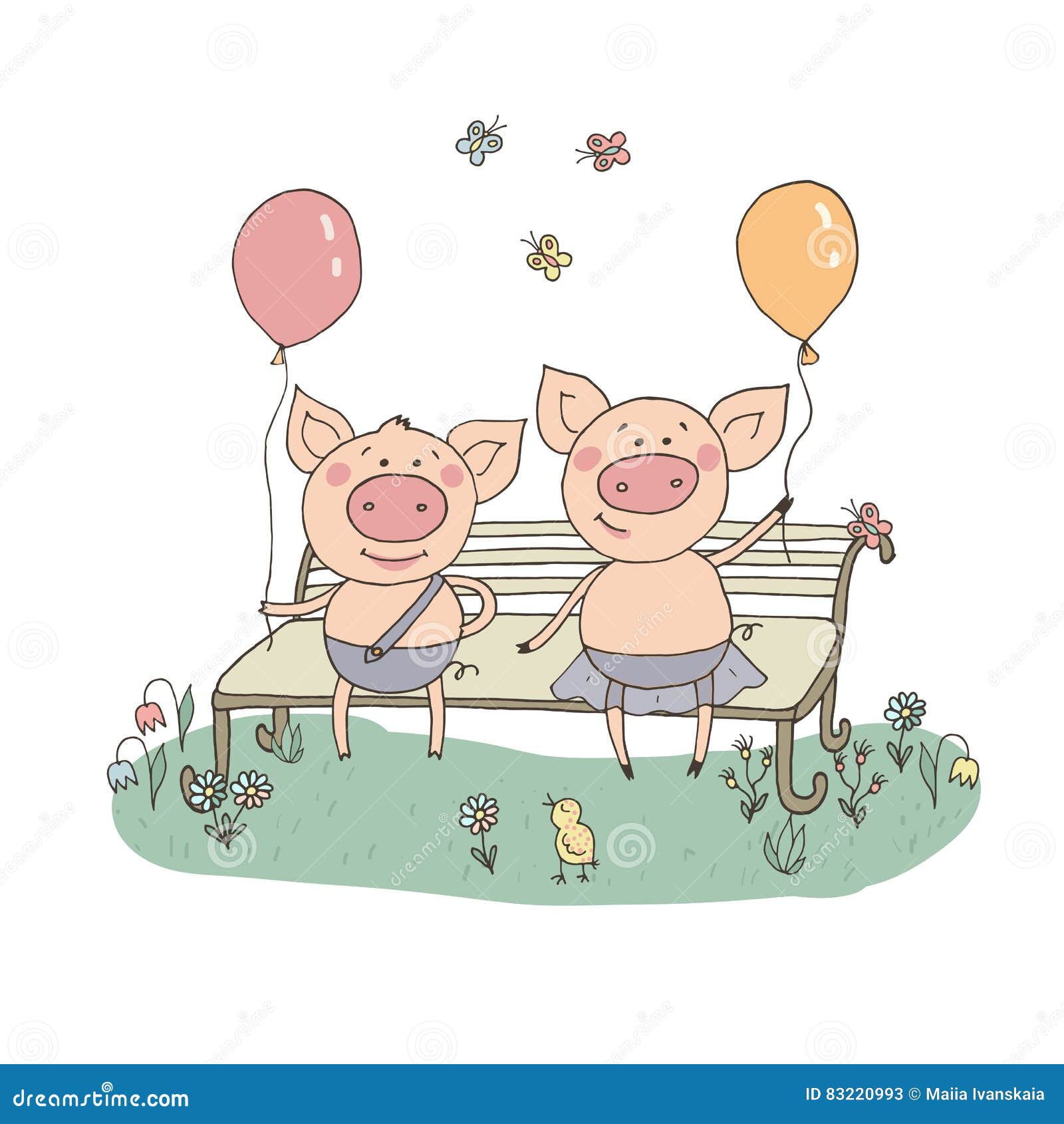 Two Cute Little Pigs Sitting on a Bench with Balloons Stock Vector -  Illustration of funny, card: 83220993