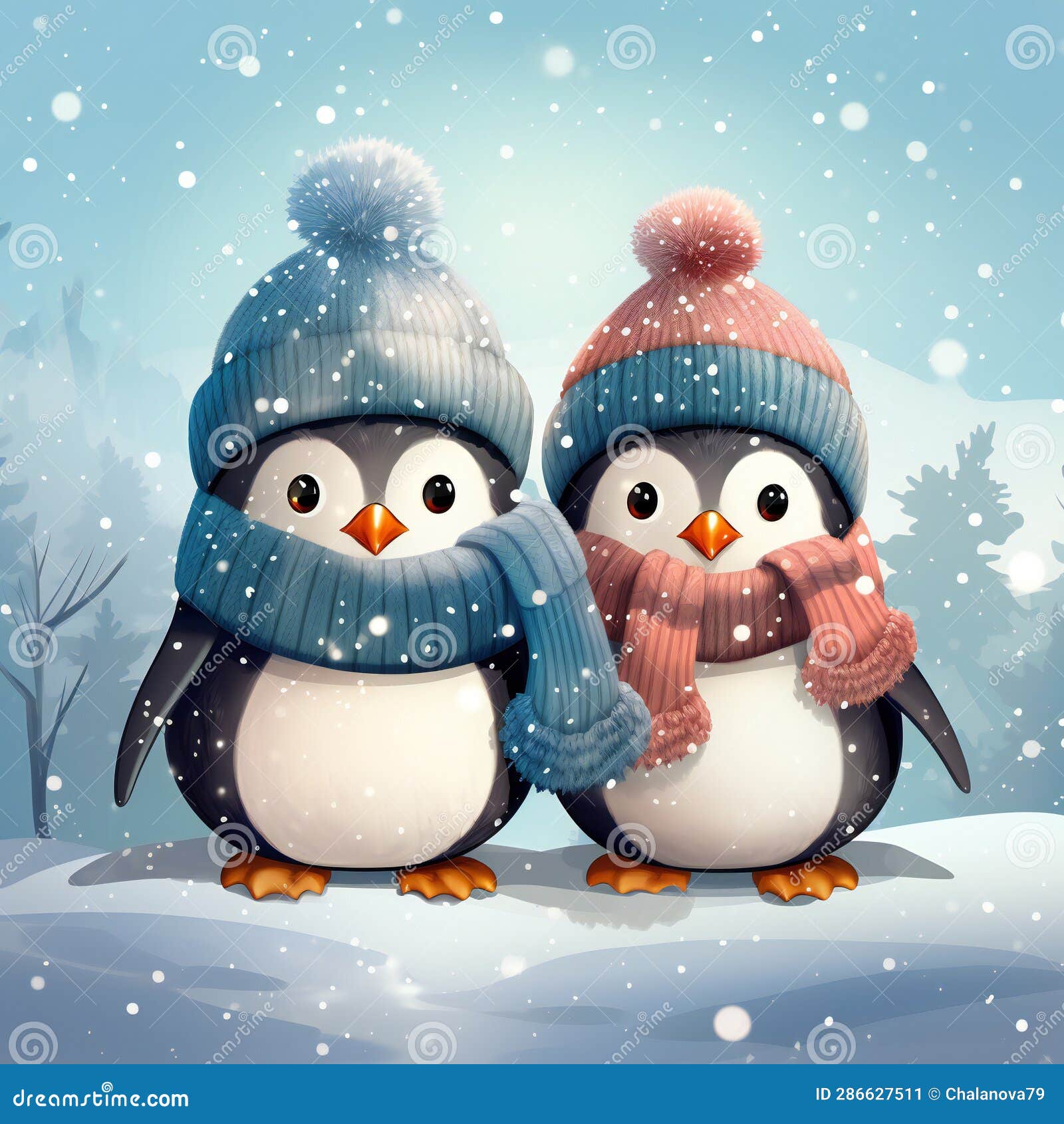 two cute love pinguins in freez winter cartoon 3d . generative ai