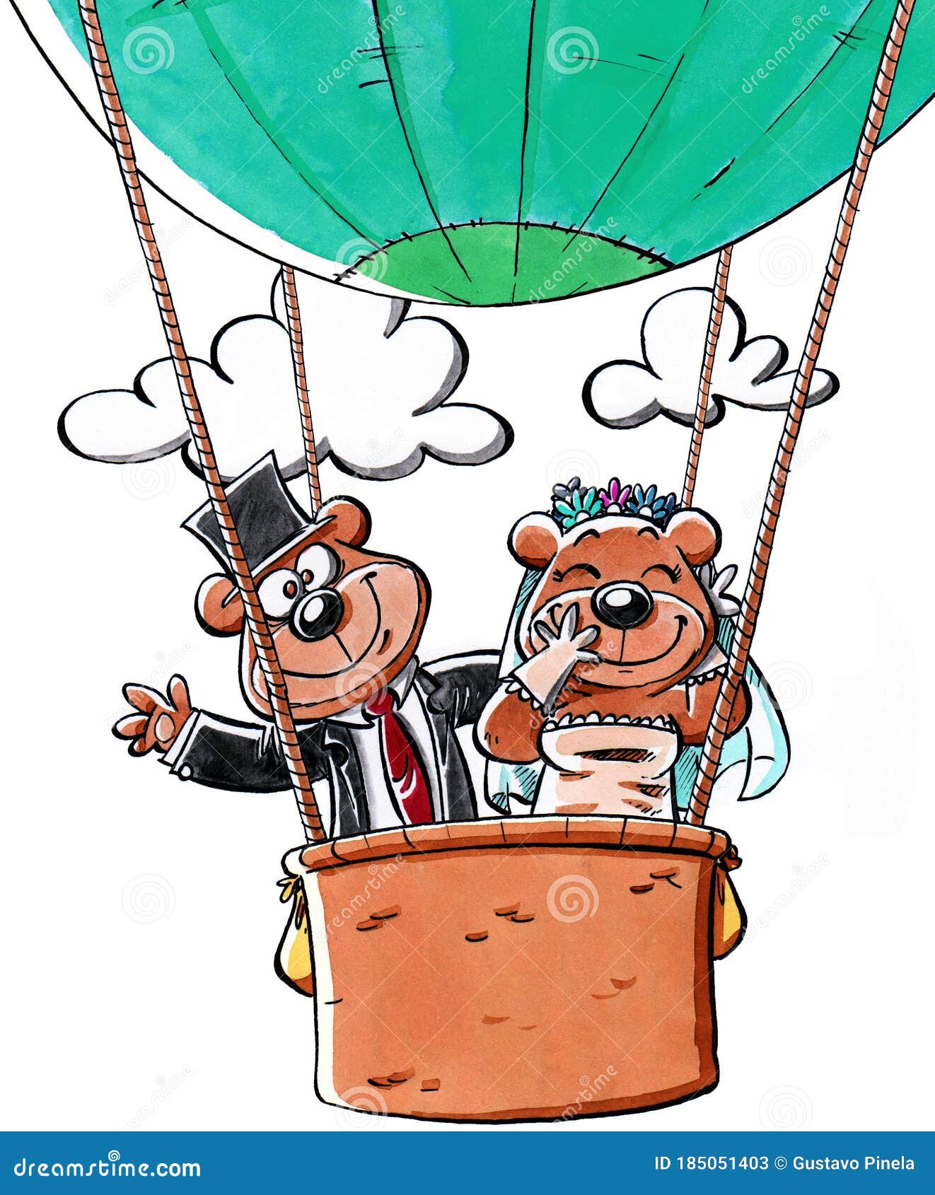 two bears, as wedding grooms, in a hot air balloon