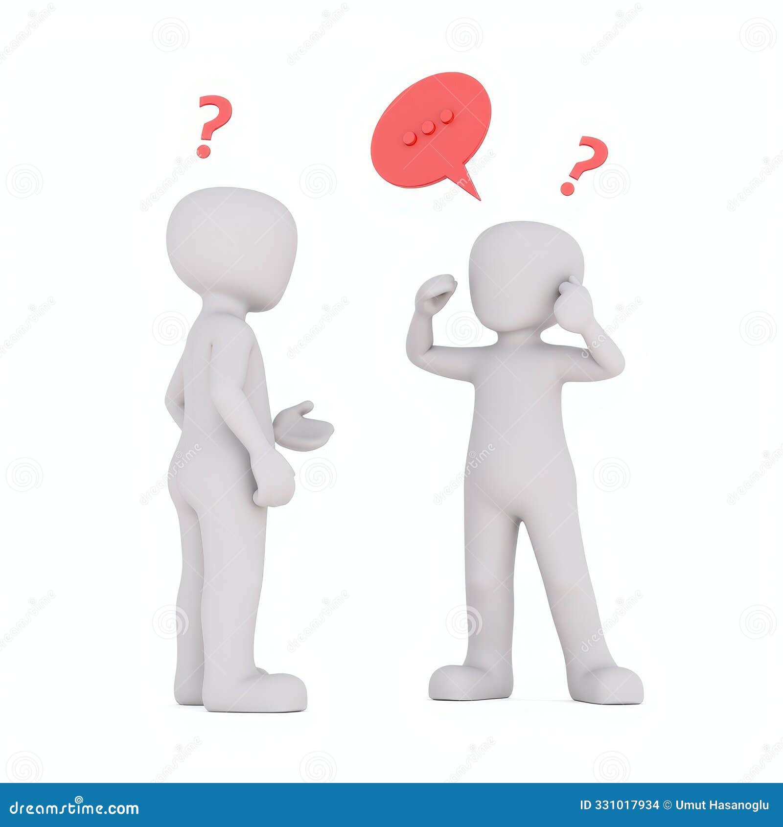 two 3d figures in a confused discussion with question marks above their heads.