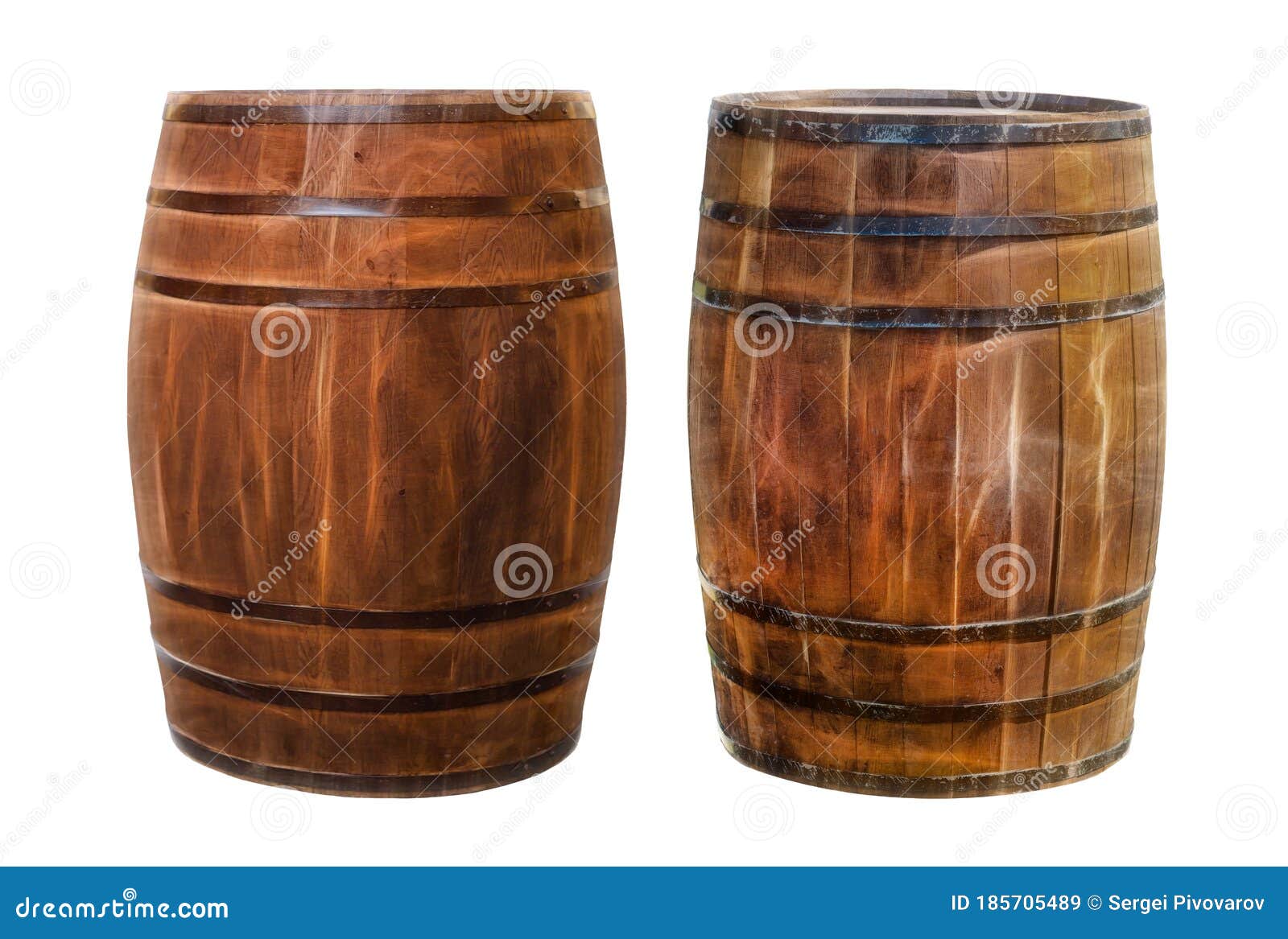Two Dark Brown Oak Barrels for Storing and Transporting Alcohol on a