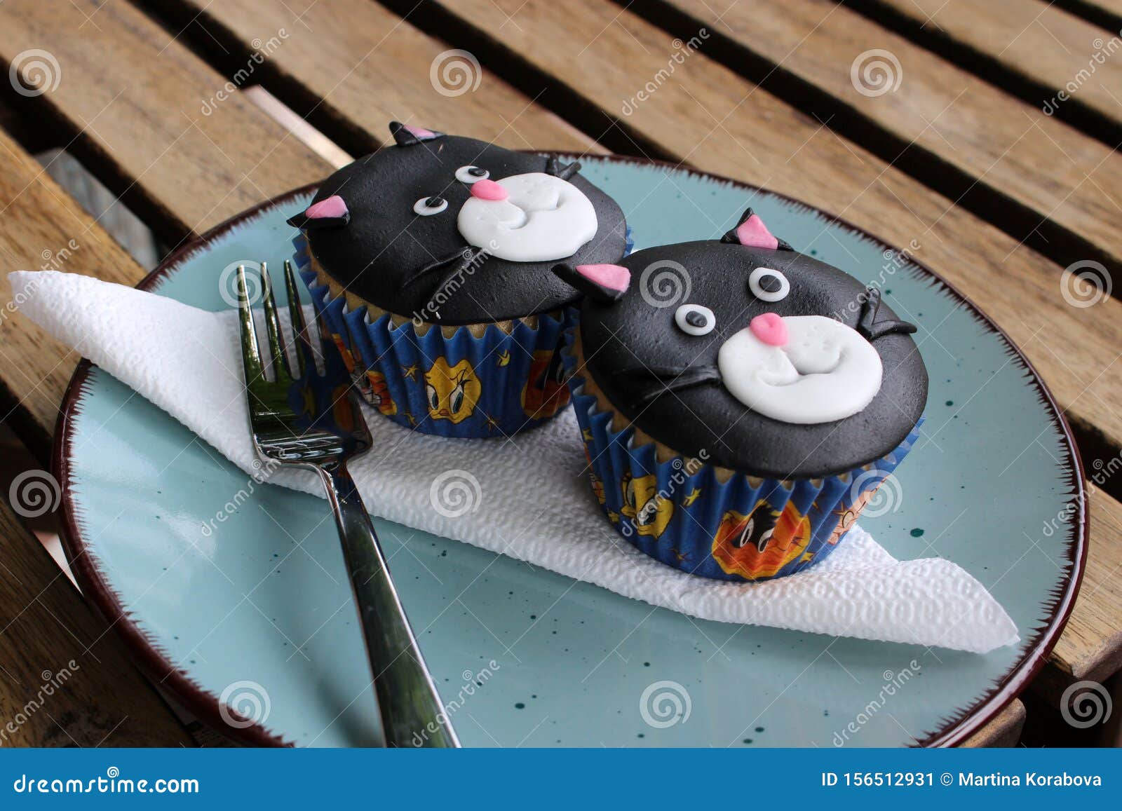Two Decorated Cat Face Cupcakes Stock Image Image of decorated, fork
