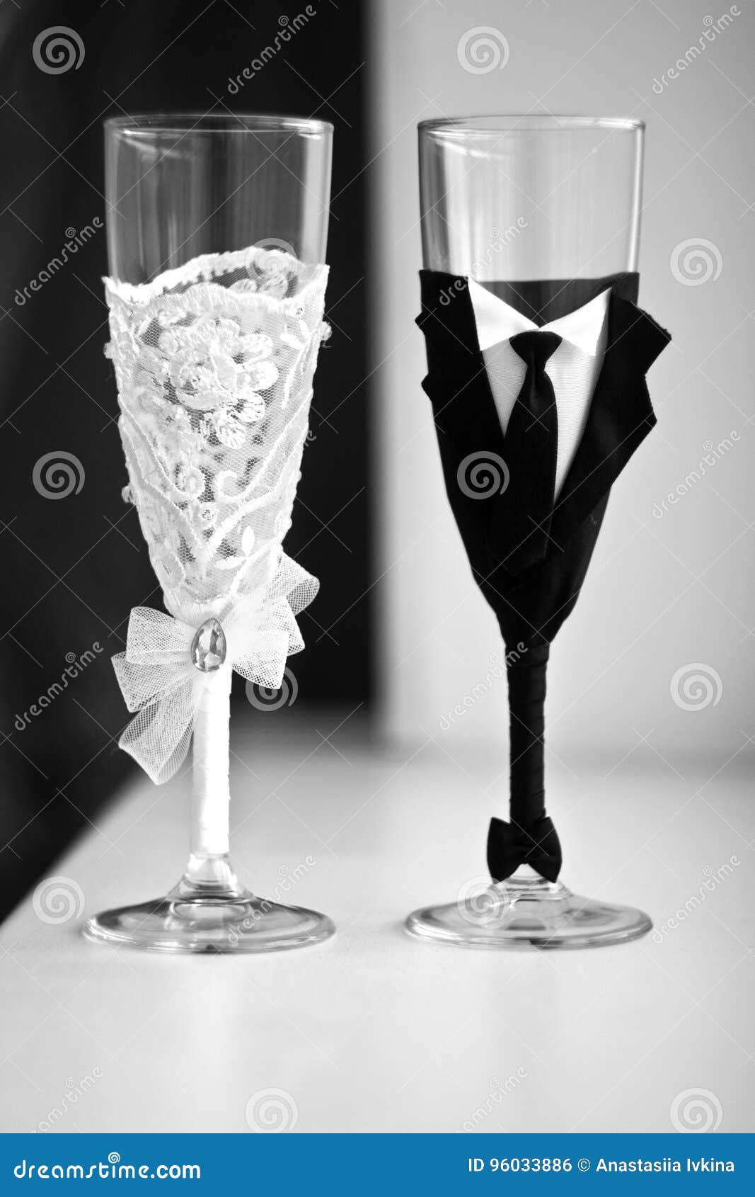 Two Decorated Champagne Glasses For A Wedding Party Stock Photo