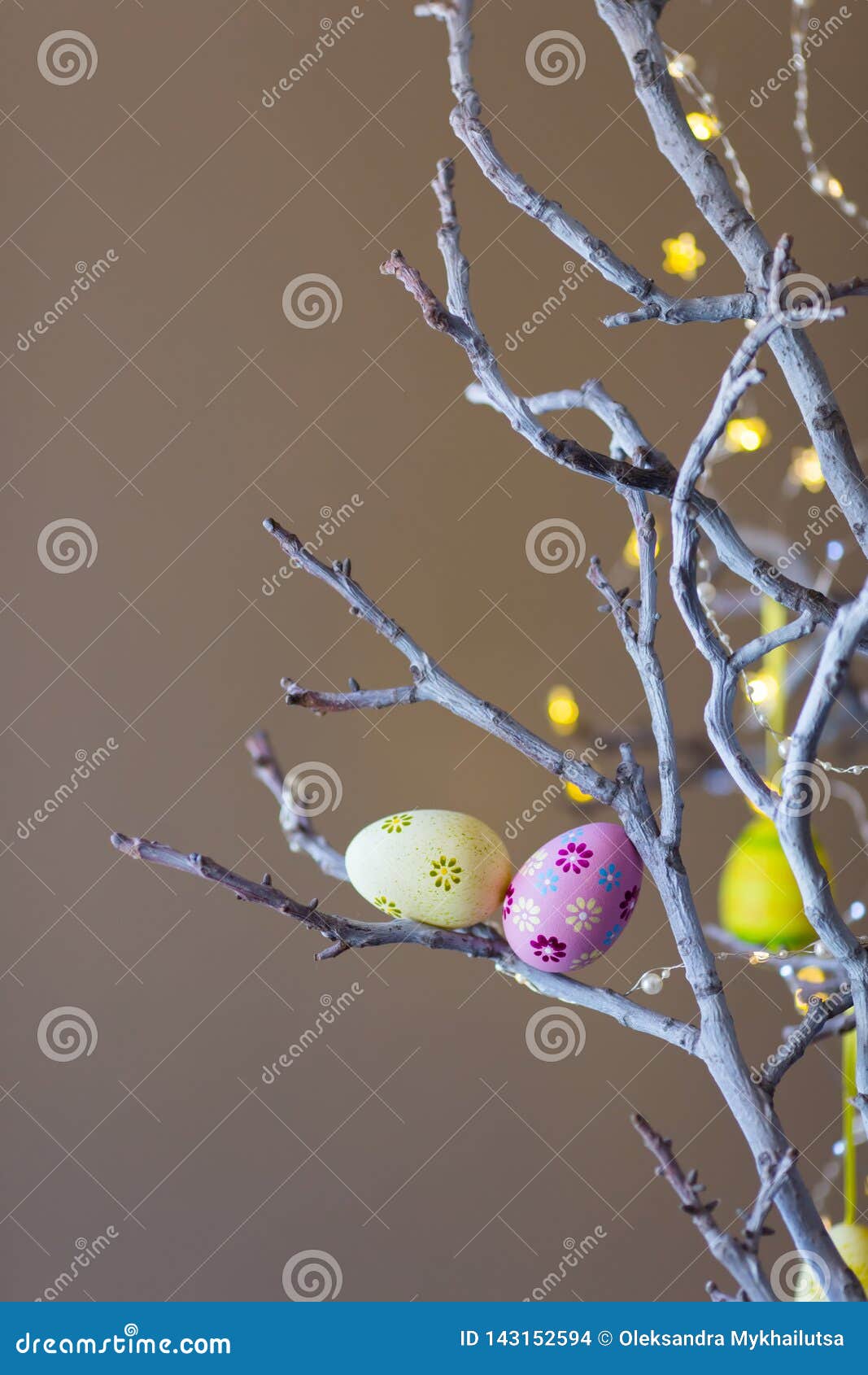 Two Decorated Colorful Easter Eggs On Tree Branch Indoor With Warm