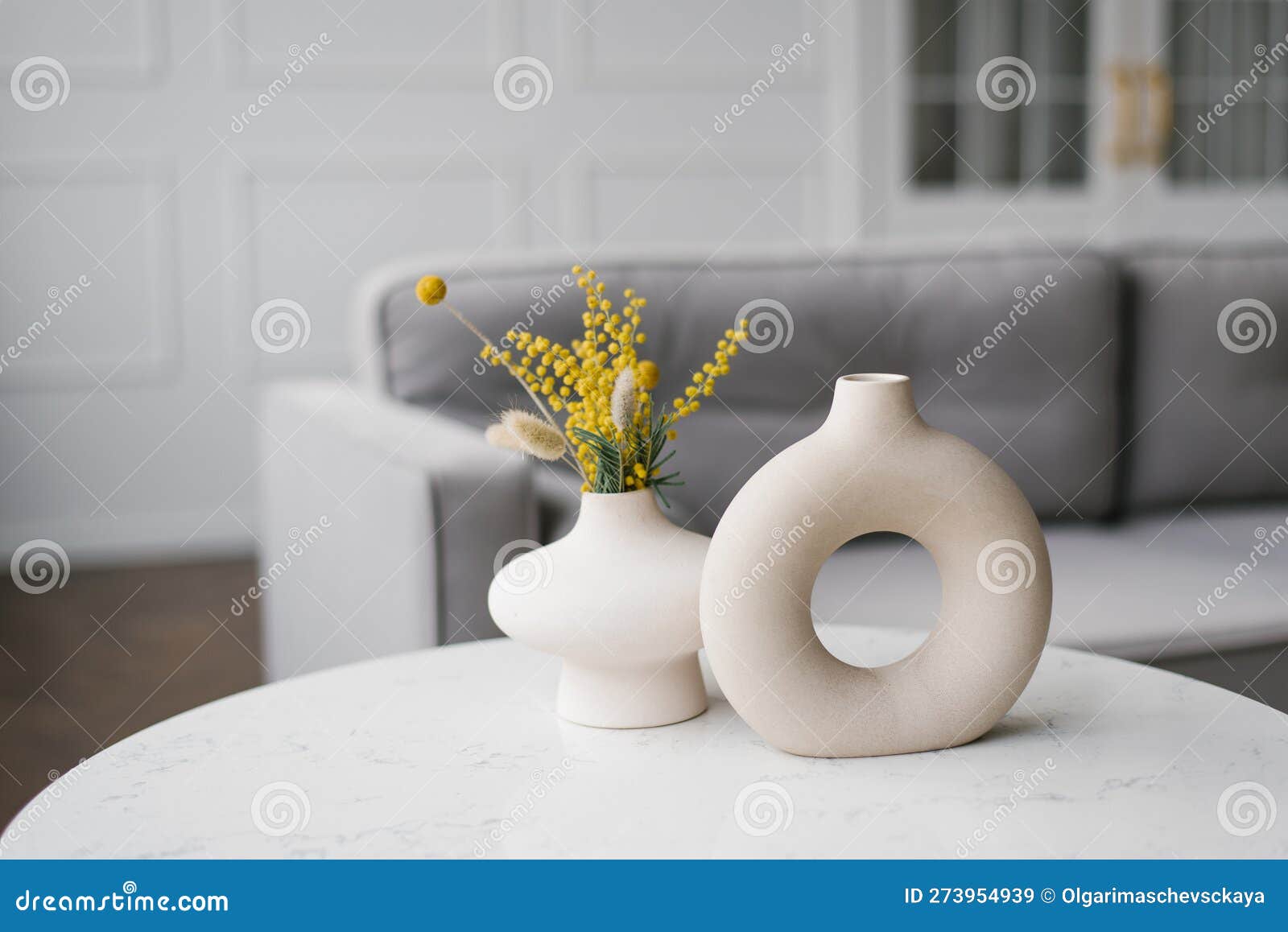 Two Decorative Ceramic Modern Round Vases with a Hole Inside on the