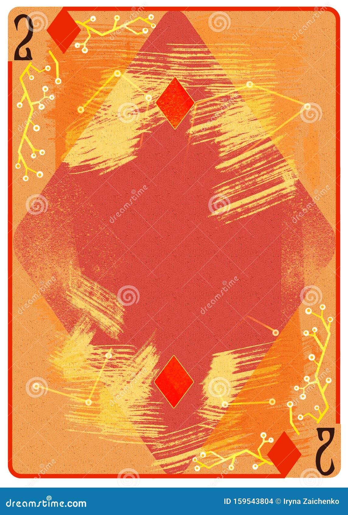 two of diamonds playing card. unique hand drawn pocker card. one of 52 cards in french card deck, english or anglo-american