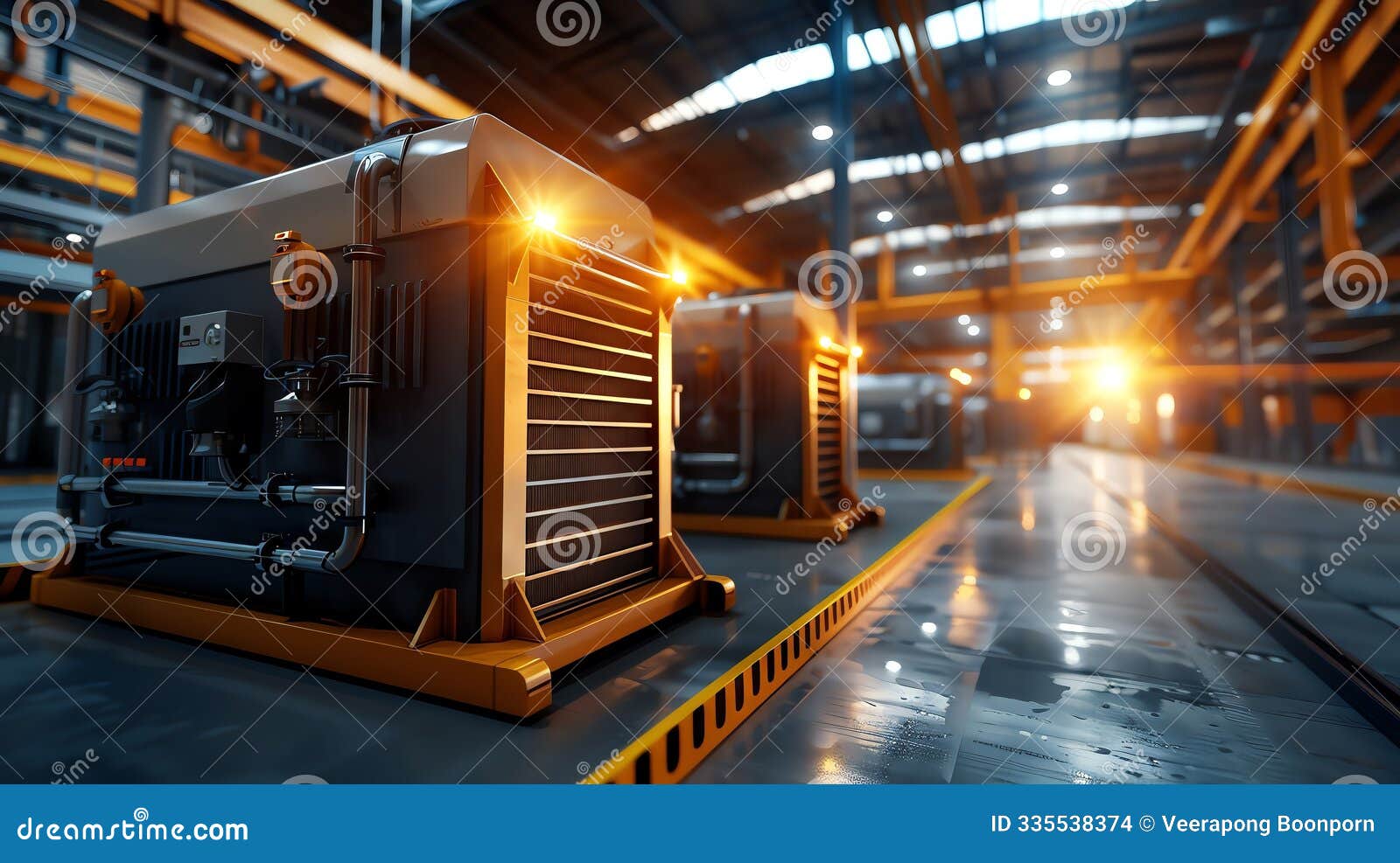 two diesel generators in factory, power backup, 3d rendering, realistic textures, warm tones