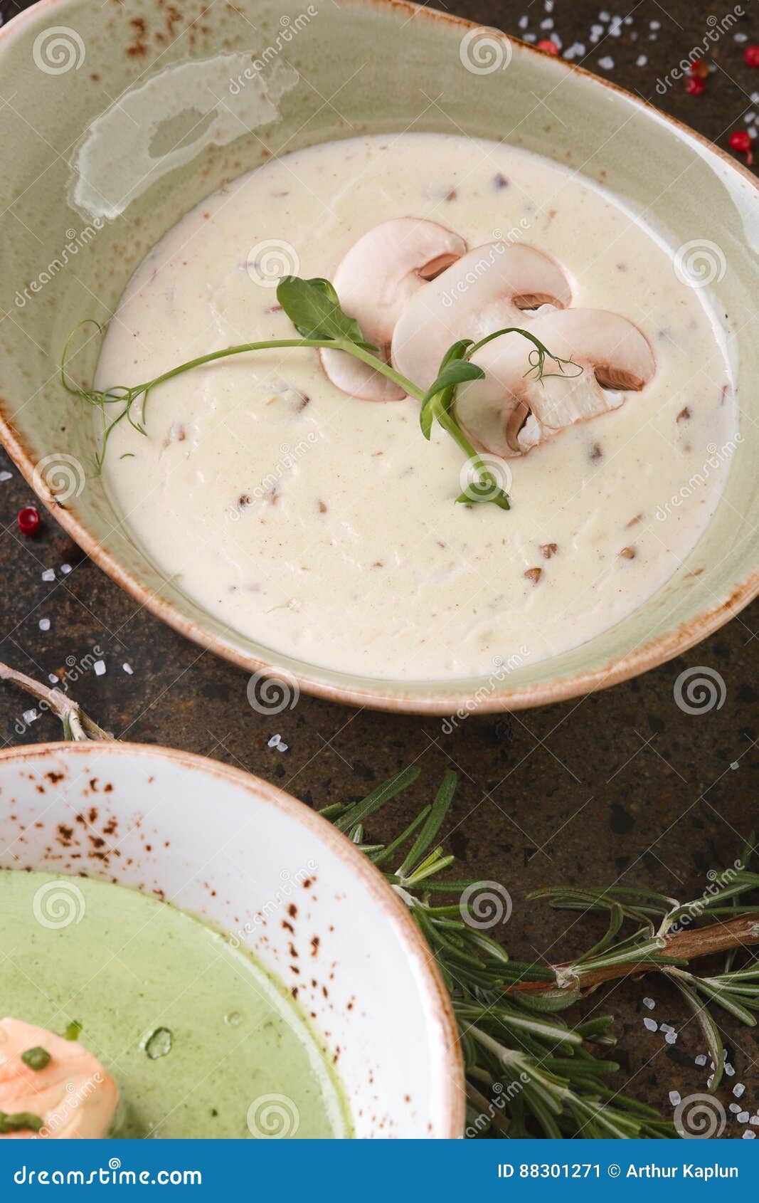 Two Different Cream of Mushroom and Spinach Soup Stock Image - Image of