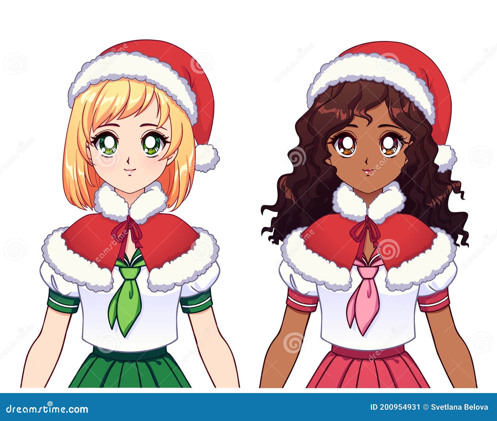 Two Different Ethnic Anime Girls Wearing Japanese School Uniform and  Christmas Hat Stock Vector - Illustration of christmas, kawaii: 200954931