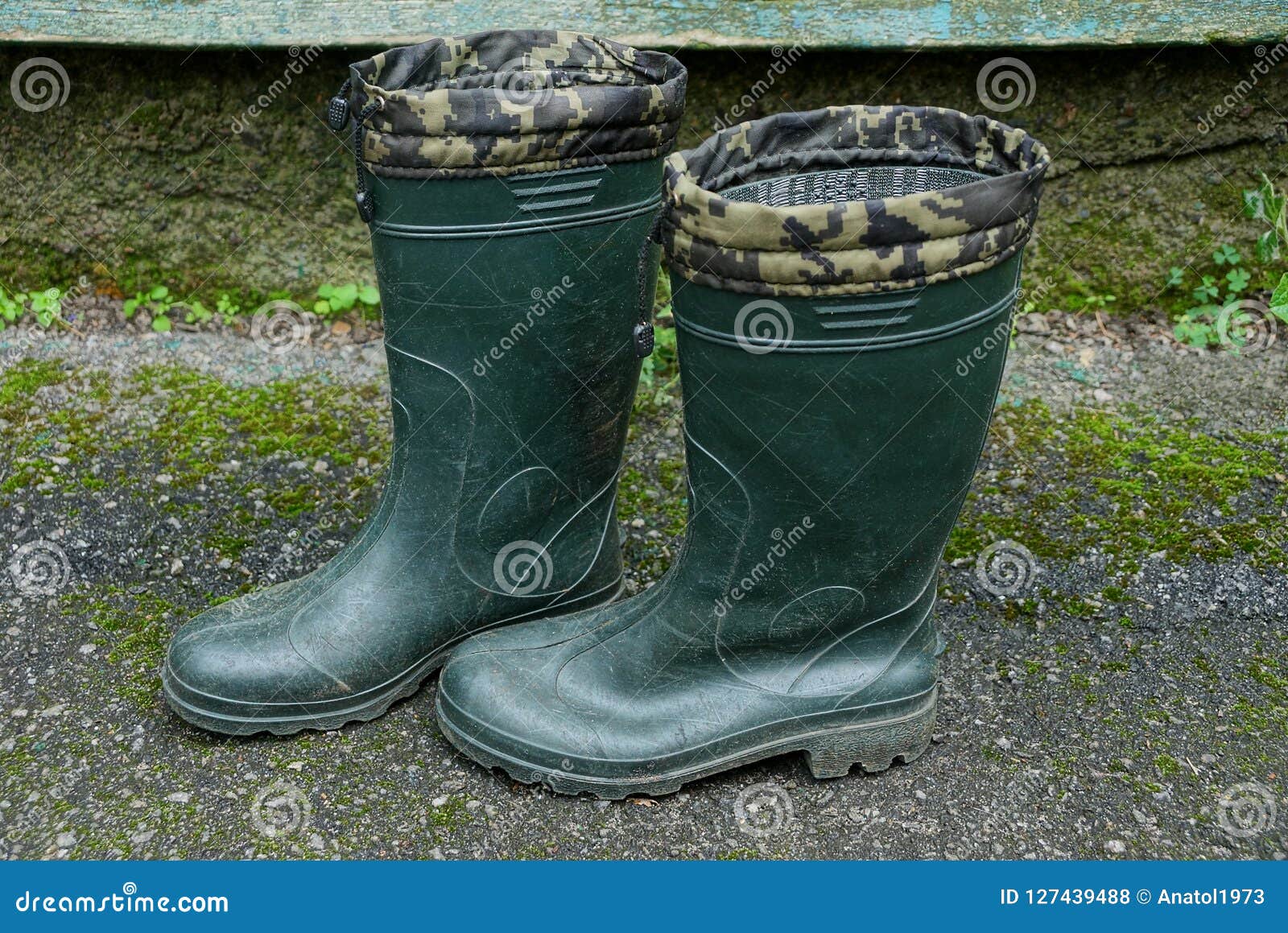 Two Green Rubber Boots on the Gray Asphalt on the Street Stock Photo - Image of galoshes, boots