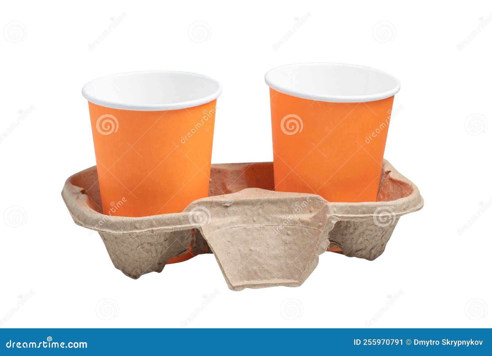 Two Disposable Coffee Cups in Cardboard Holder. Isolated on a White