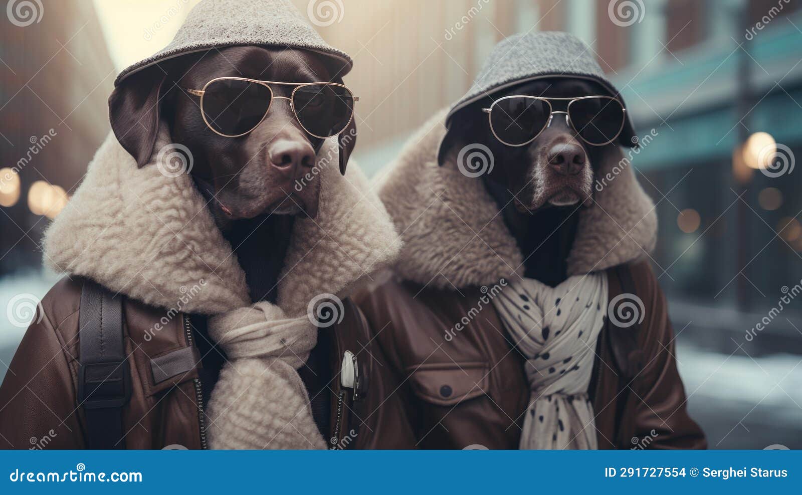 Two Dogs Wearing Hats and Coats. AI Stock Photo Image of friendship
