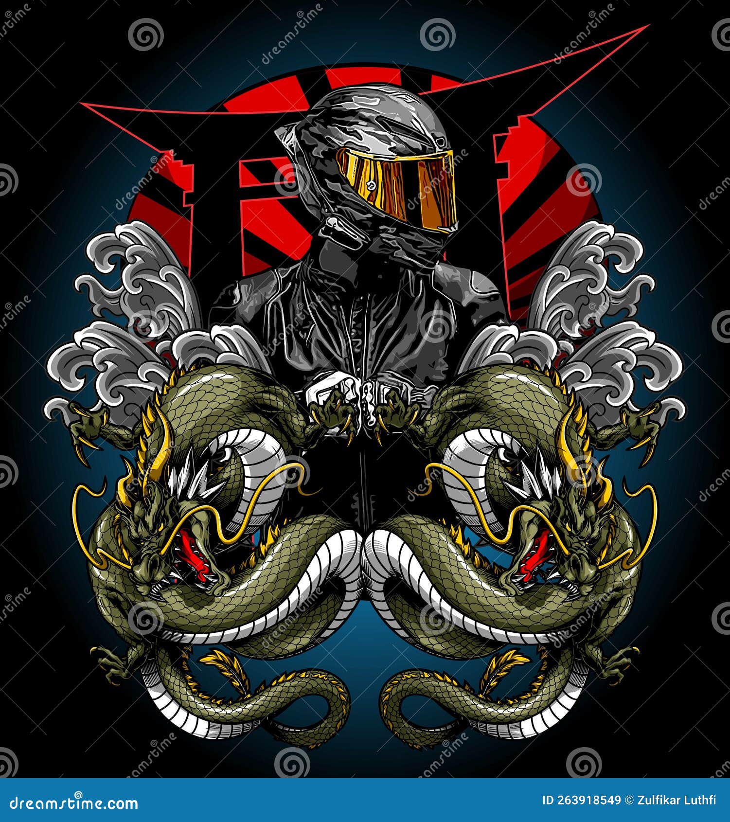 Two Dragons and a Biker Vector Template Stock Vector Illustration of comics, snake 263918549