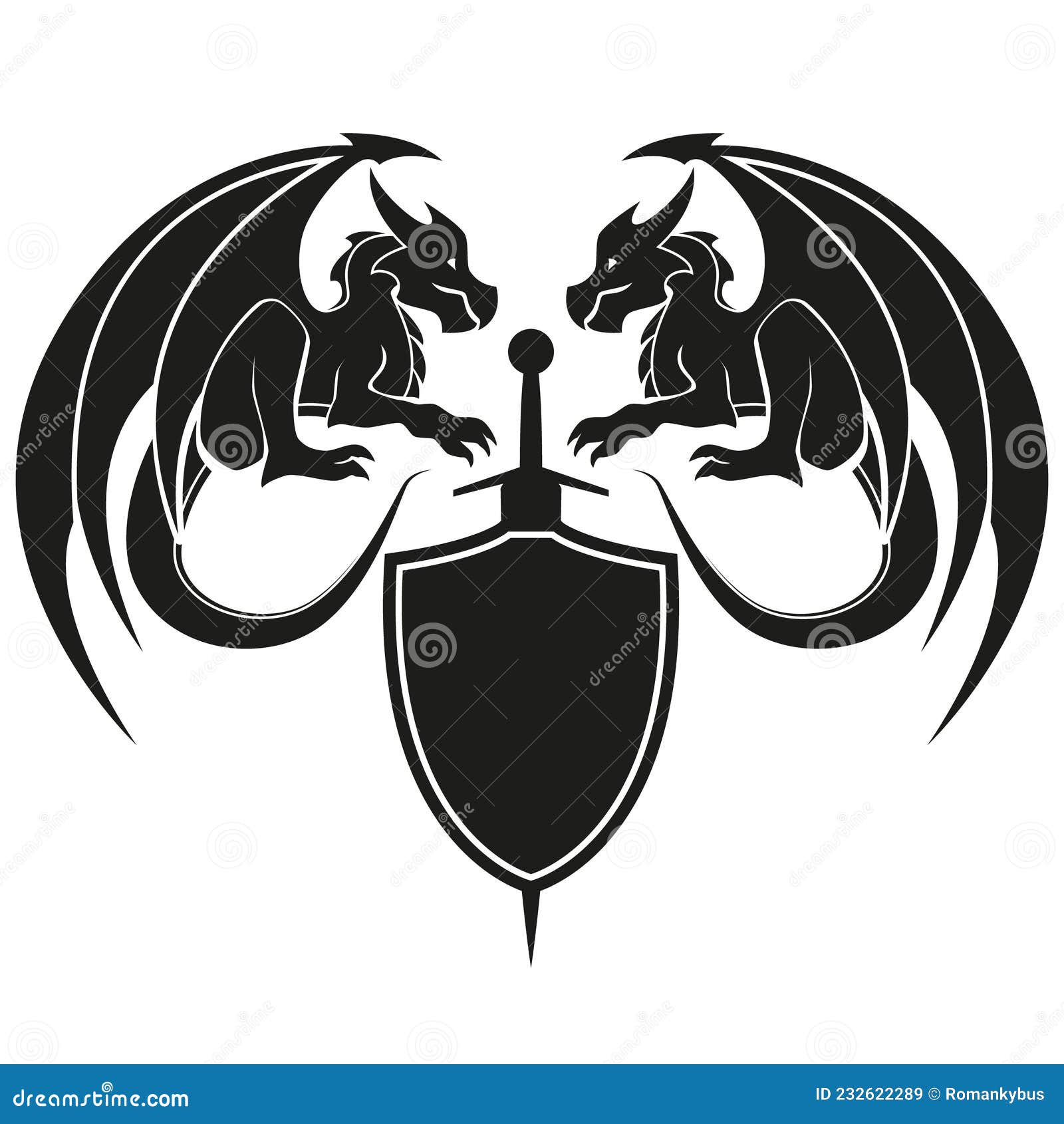 Two Dragons with Sword and Shield - Dragon Symbol, Black and White Illustration Vector Stock Vector - Illustration of tribal, dragon: 232622289