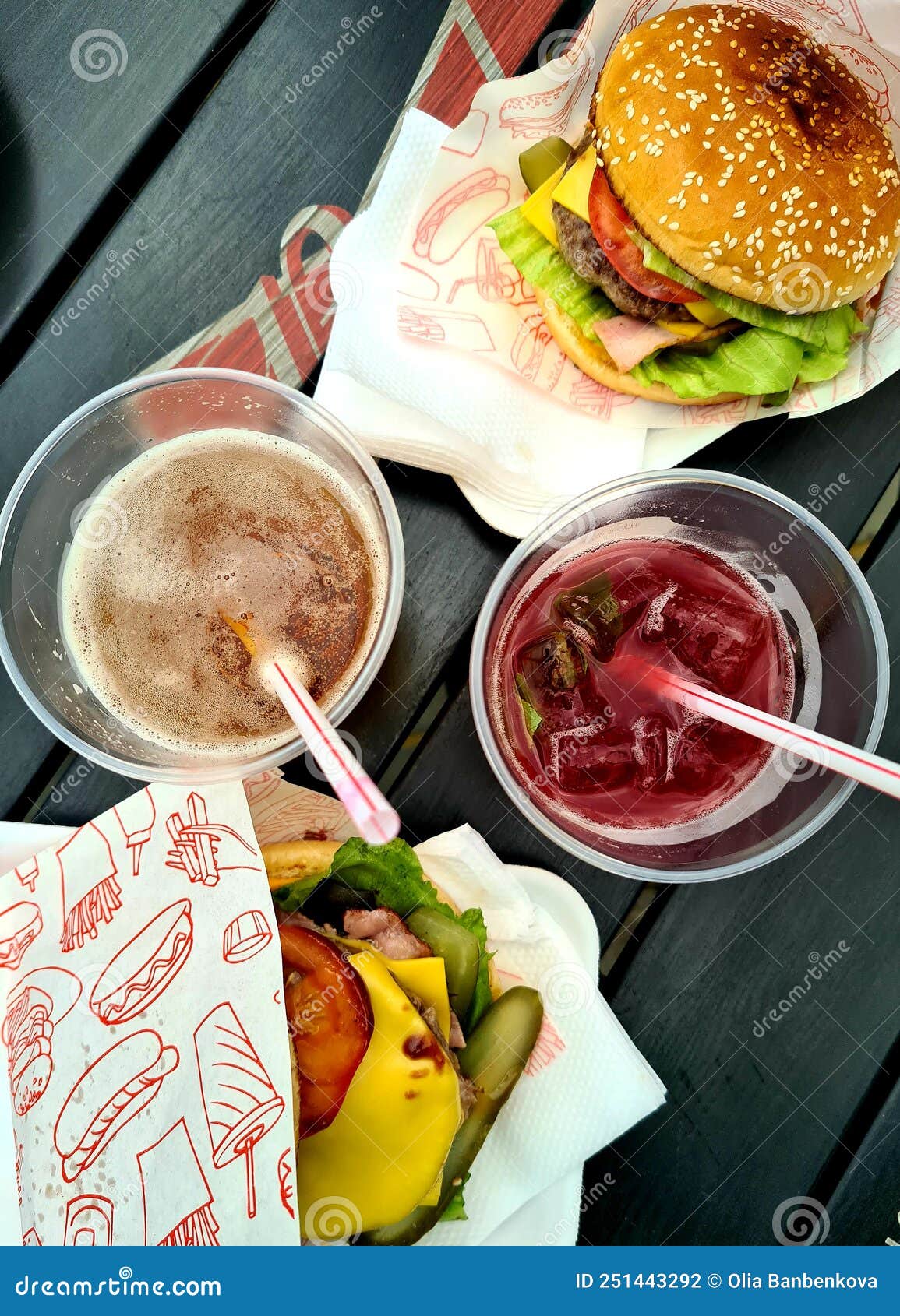 Two Drinks and Two Burgers in a Summer Openair Bistro Stock Photo Image of open, food 251443292