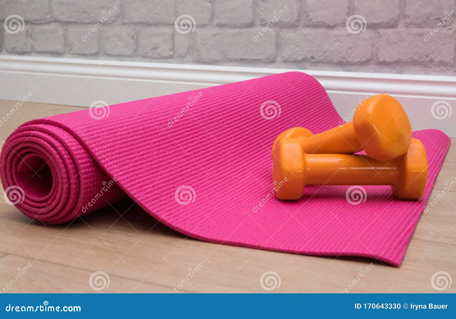 Two Dumbbells for Sport on the Pink Yoga Mat Stock Photo - Image of ...