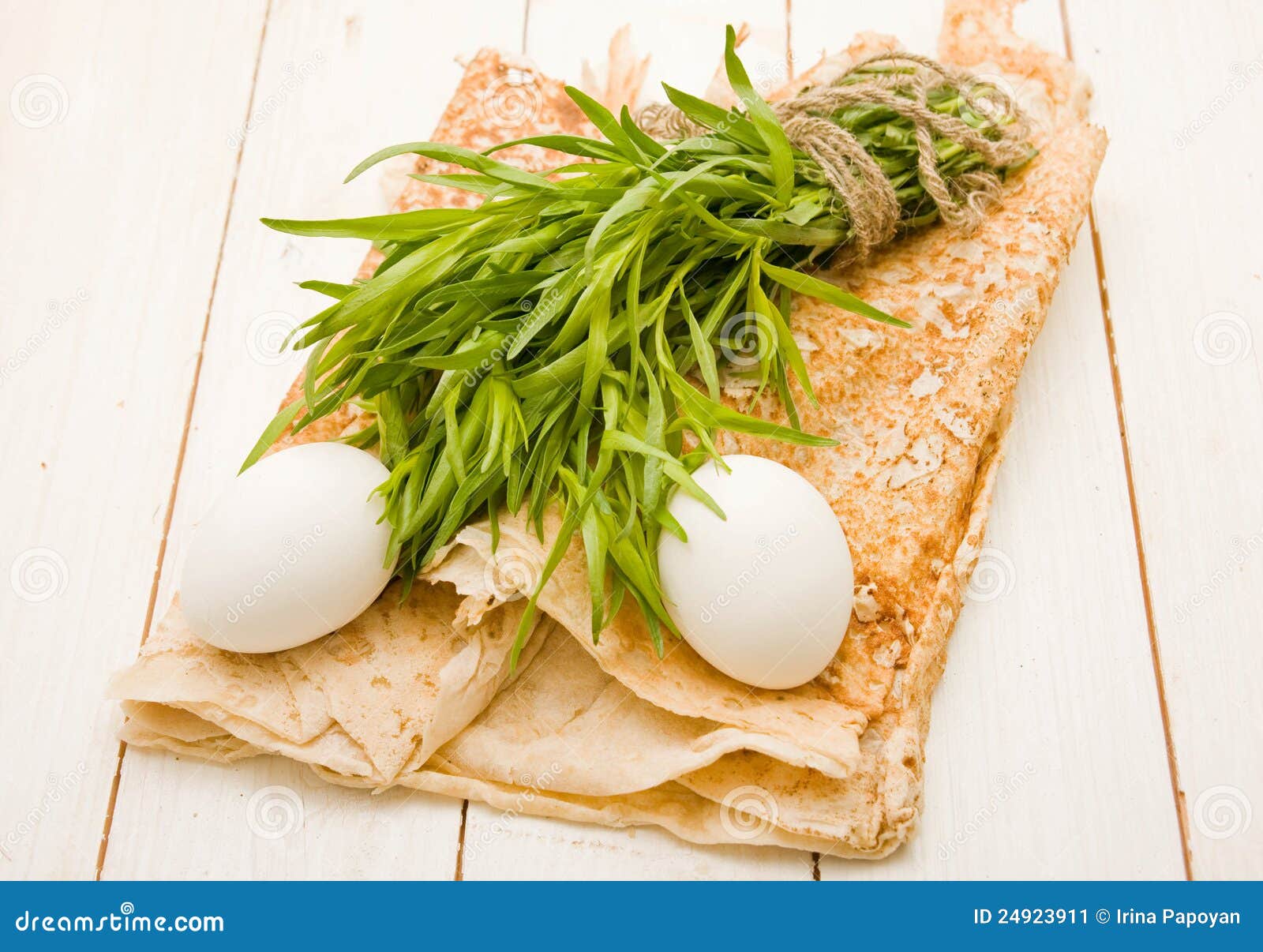 Two Eggs and Bunch of Tarragon on Pita Stock Image Image of green