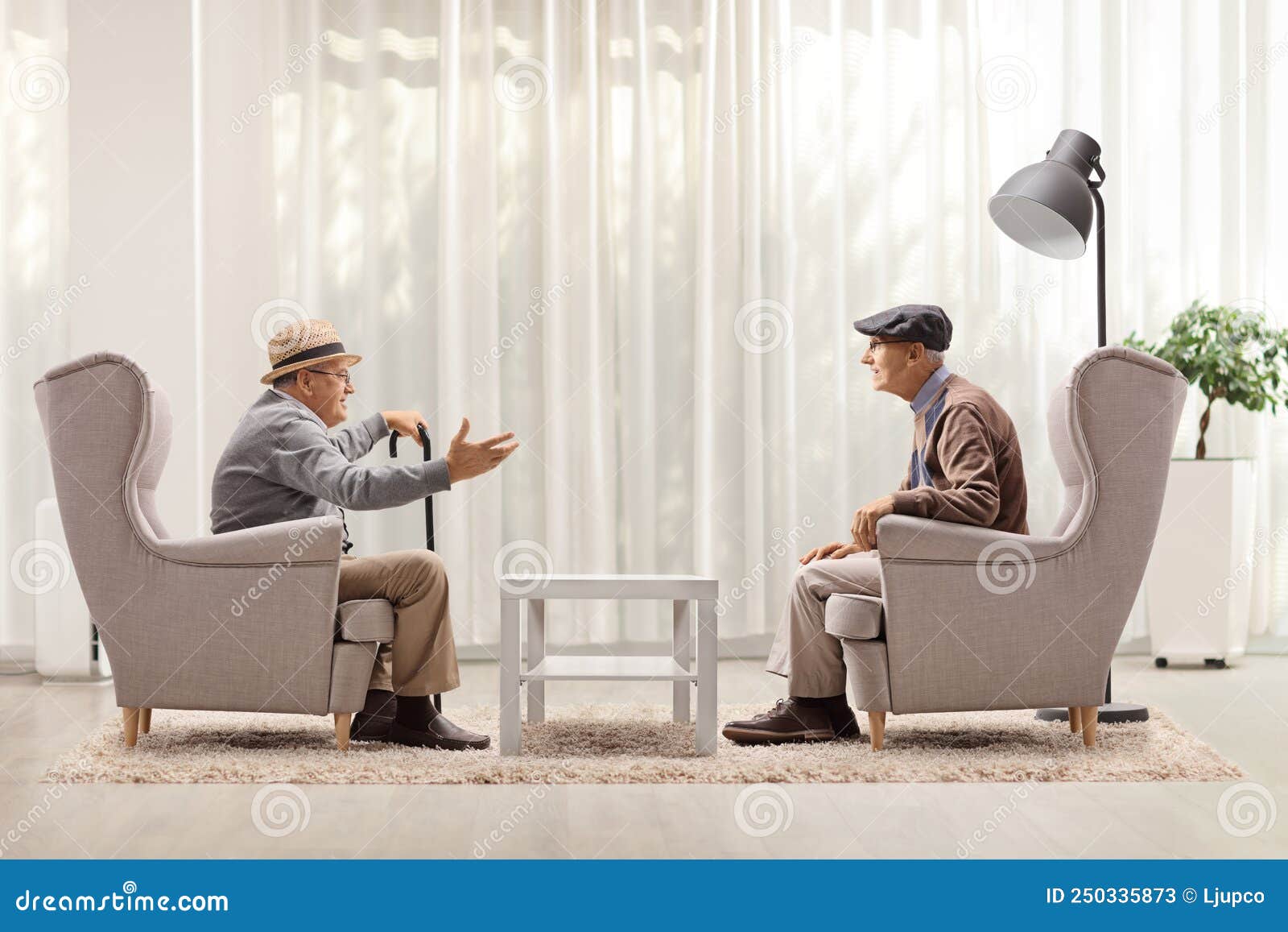 Two Elderly Men Seated in Armchairs Having a Conversation Stock Image