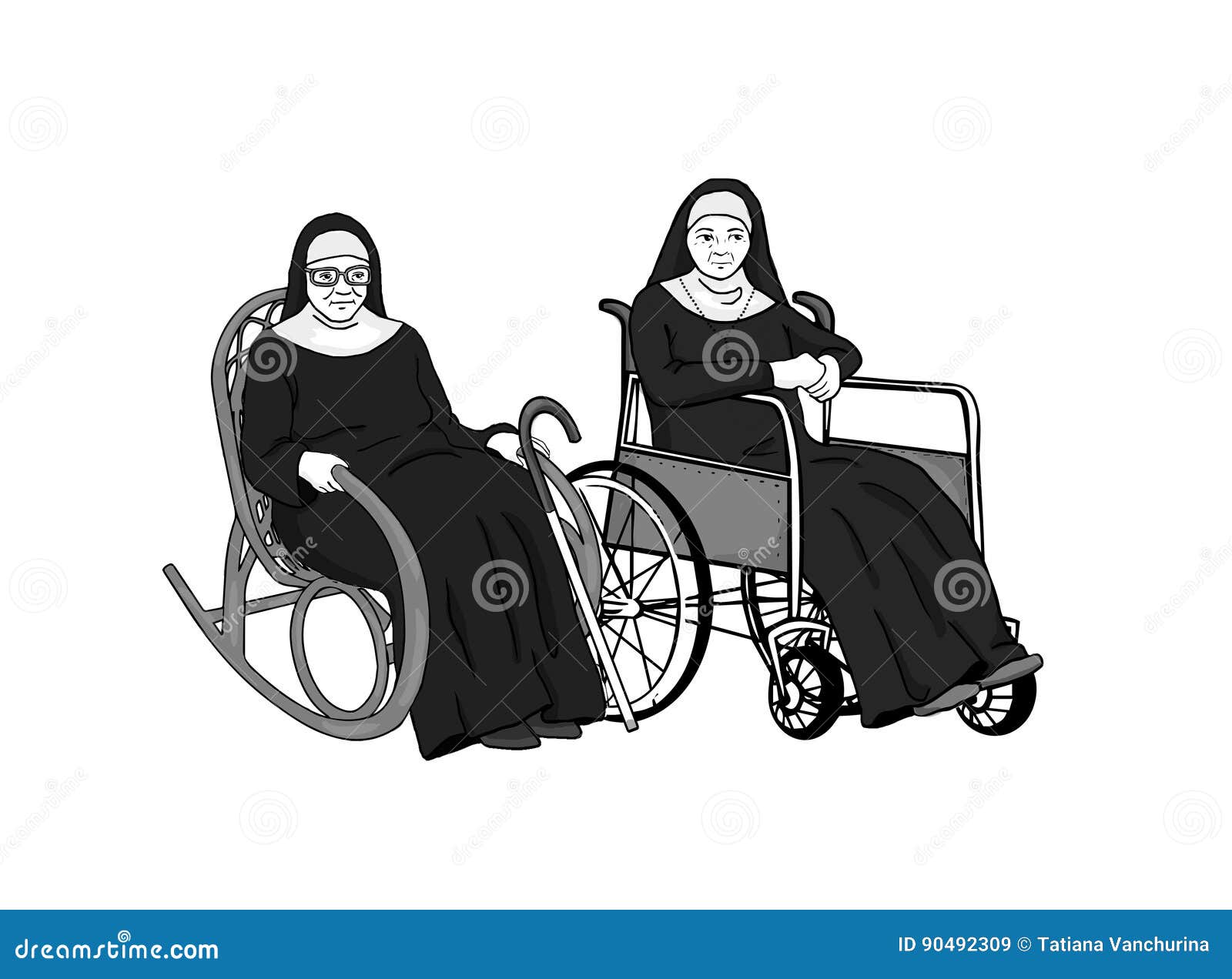 Two Elderly Nuns are Sitting in Armchairs Stock Illustration