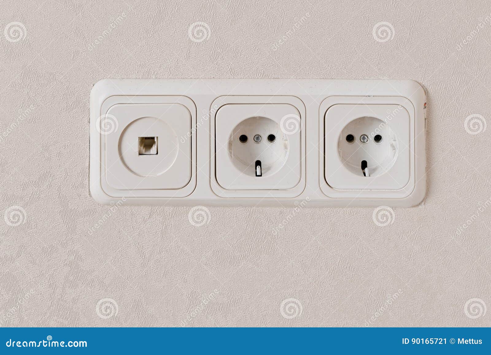 Two Electric Outlets on Wall EU Standart and Telephone Plug. Stock