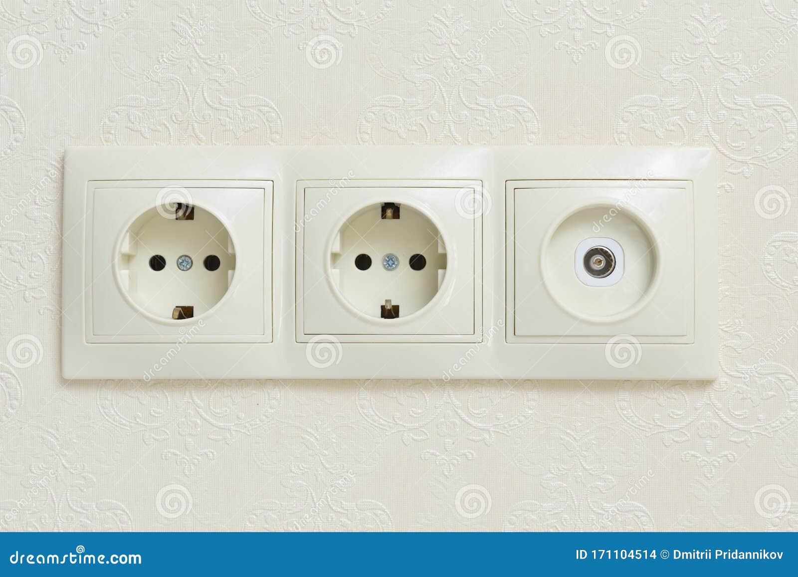 Two Electrical Outlets and a Socket for a Television Antenna in a