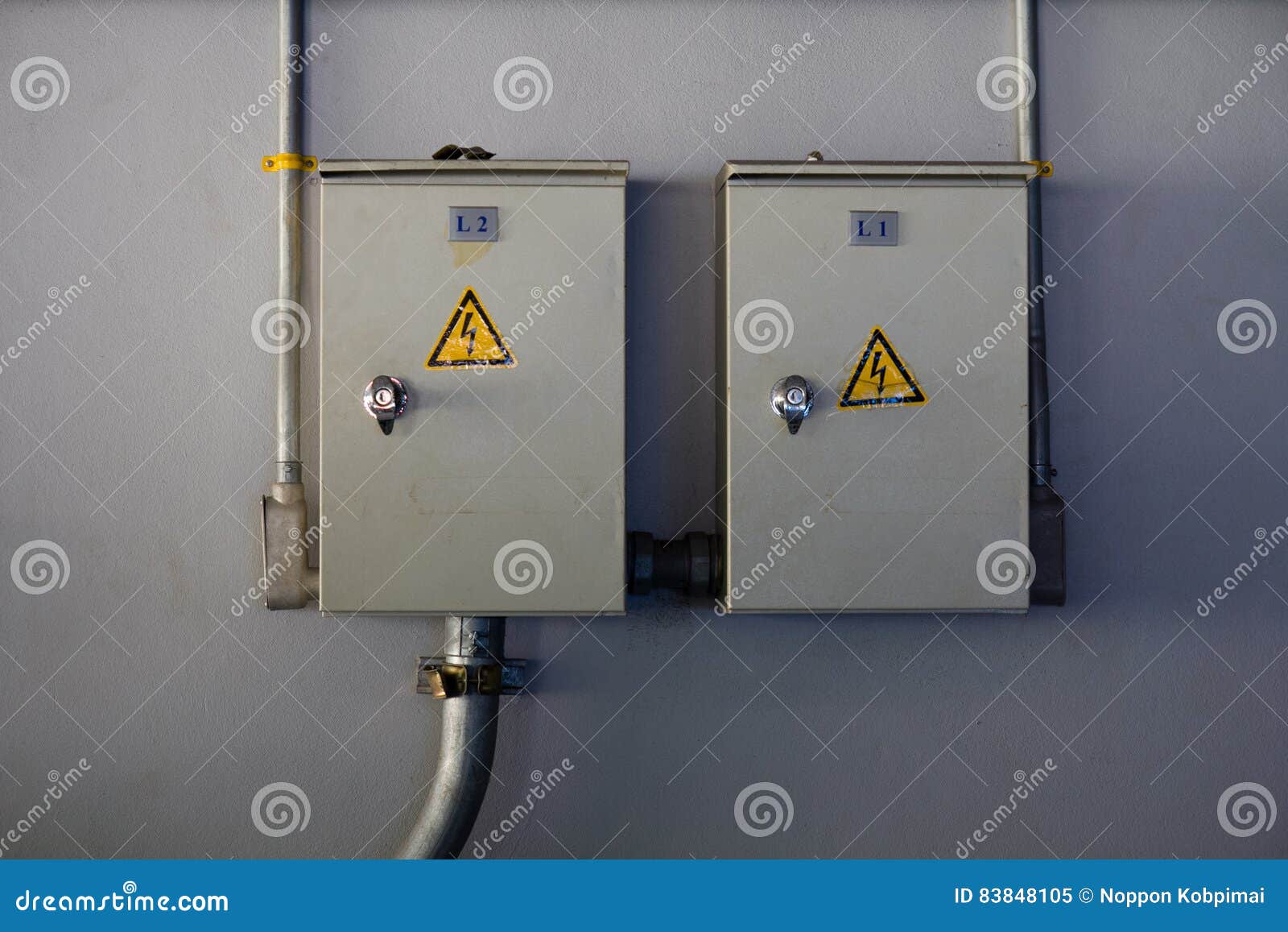 Two Electricity with Warning Sign on the Wall. Stock Image
