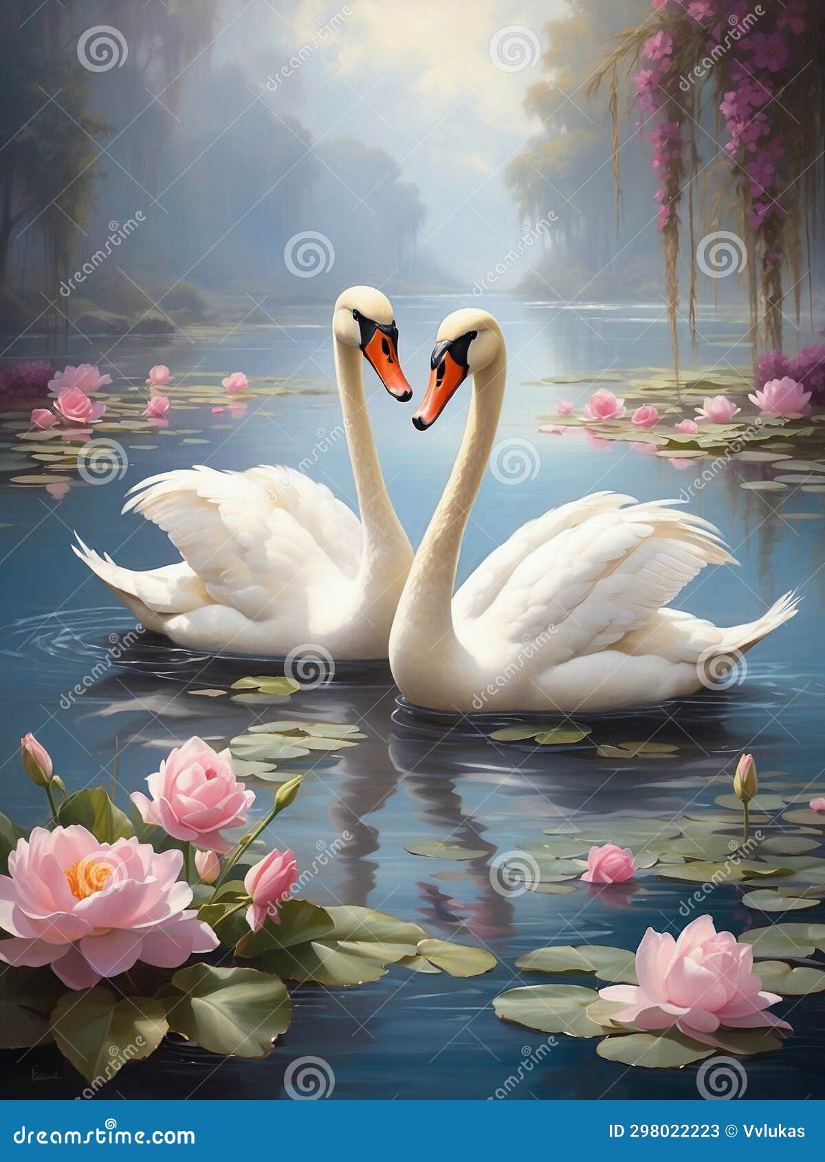 two elegant swans gracefully glide across a serene lake and water lilies.