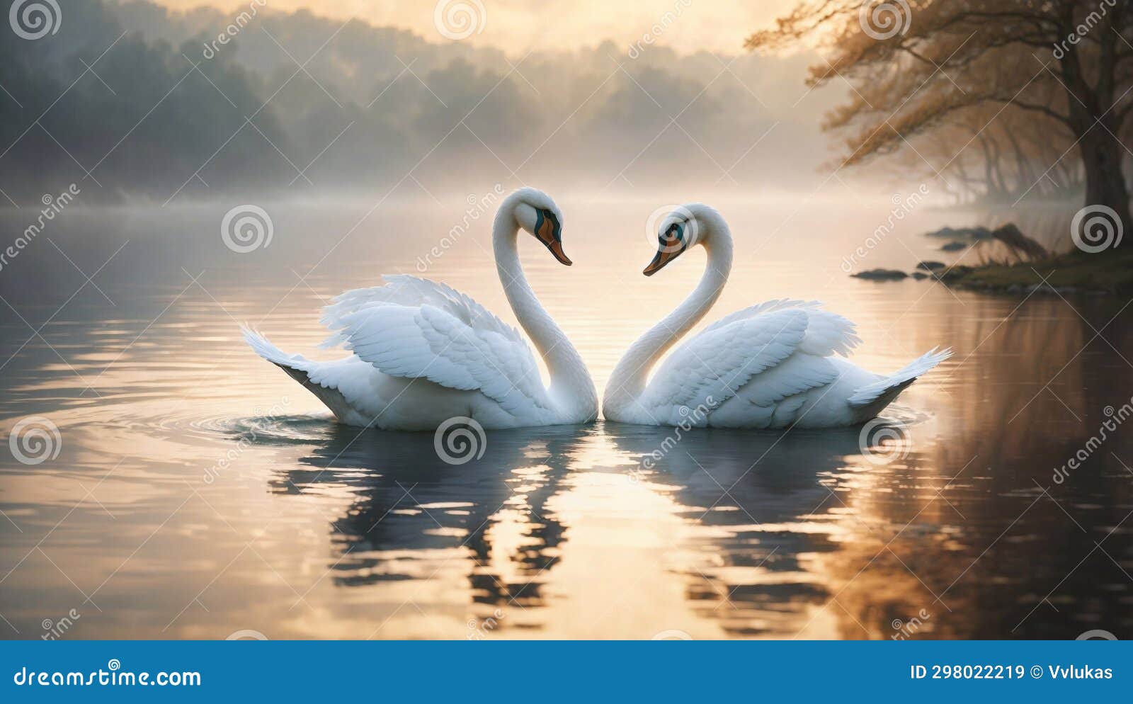 two elegant swans in love gracefully glide across a serene lake in the forest.