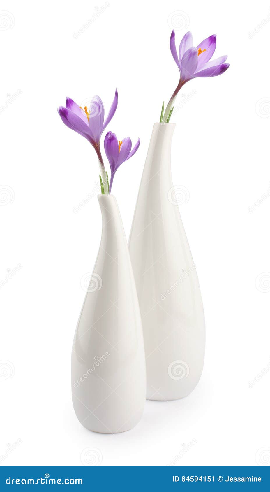 two elegant white vases with spring flowers