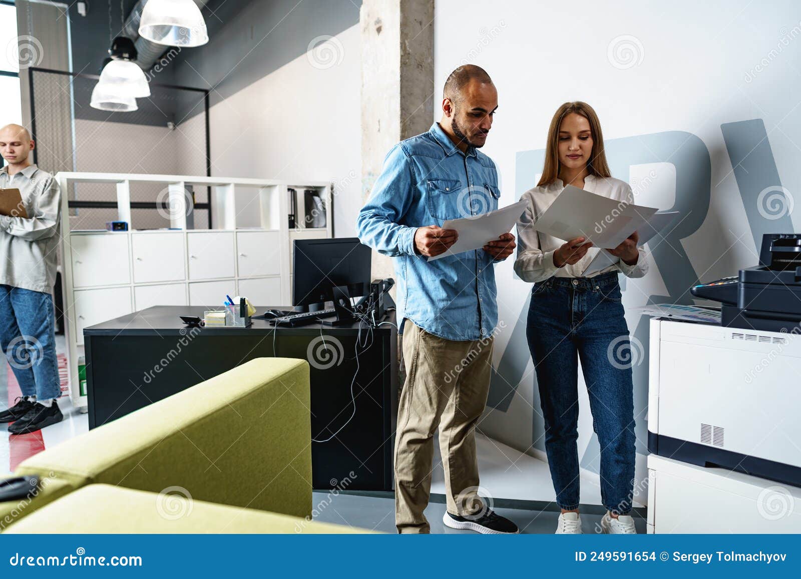 Two Employees Using New Modern Printer in Office Stock Photo Image of