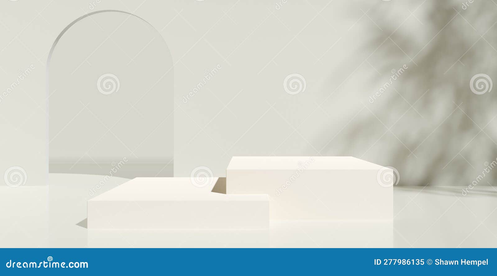 two empty, blank, cube d podium or dais in pastel green room background with tree shadow and door frame on the back wall,
