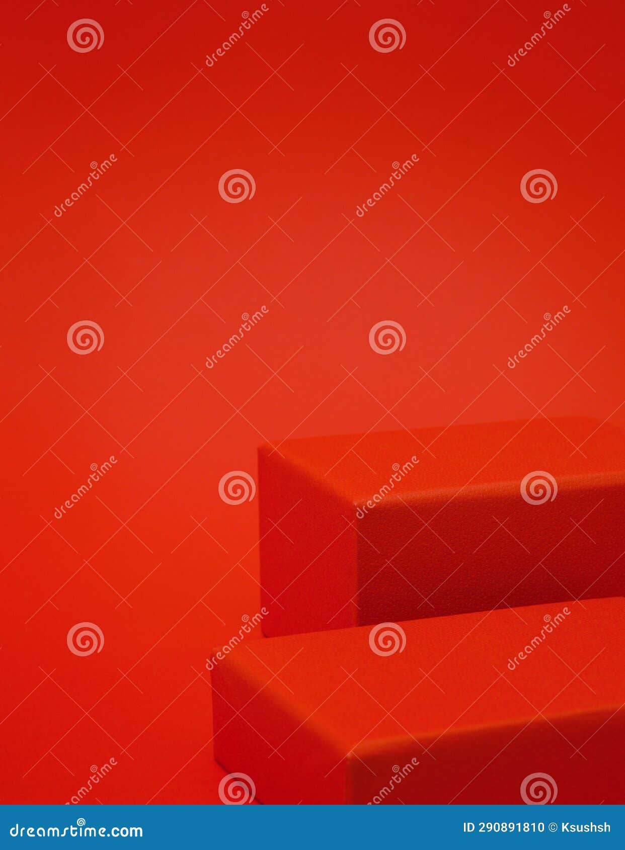 two empty red rectangular podiums on red background