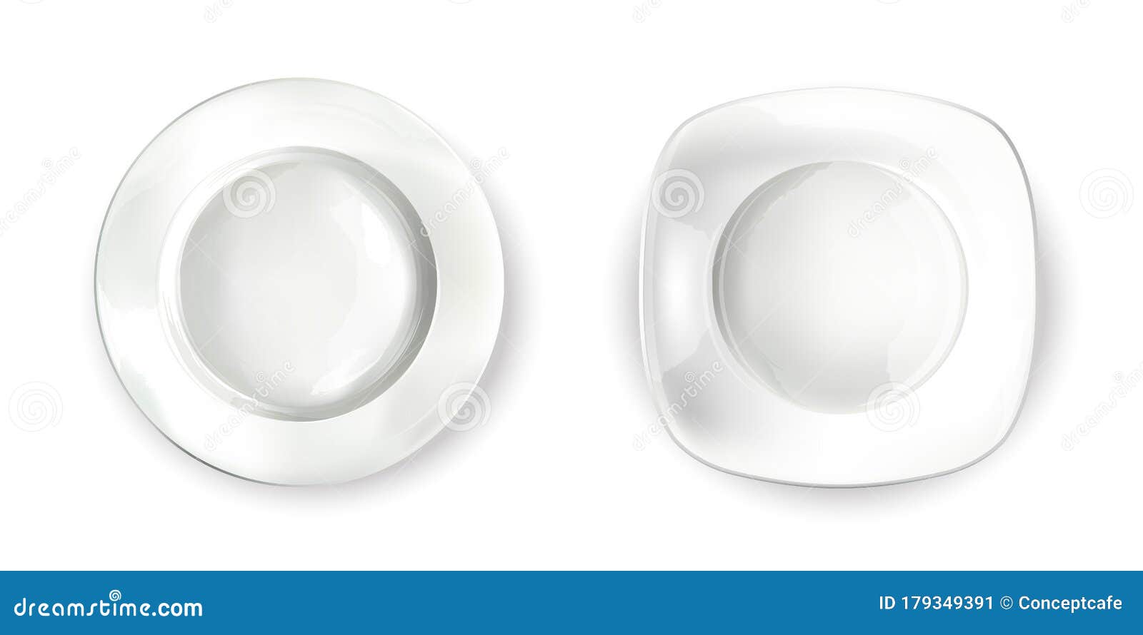 Two Empty White Plates of Different Shapes. Stock Vector Illustration