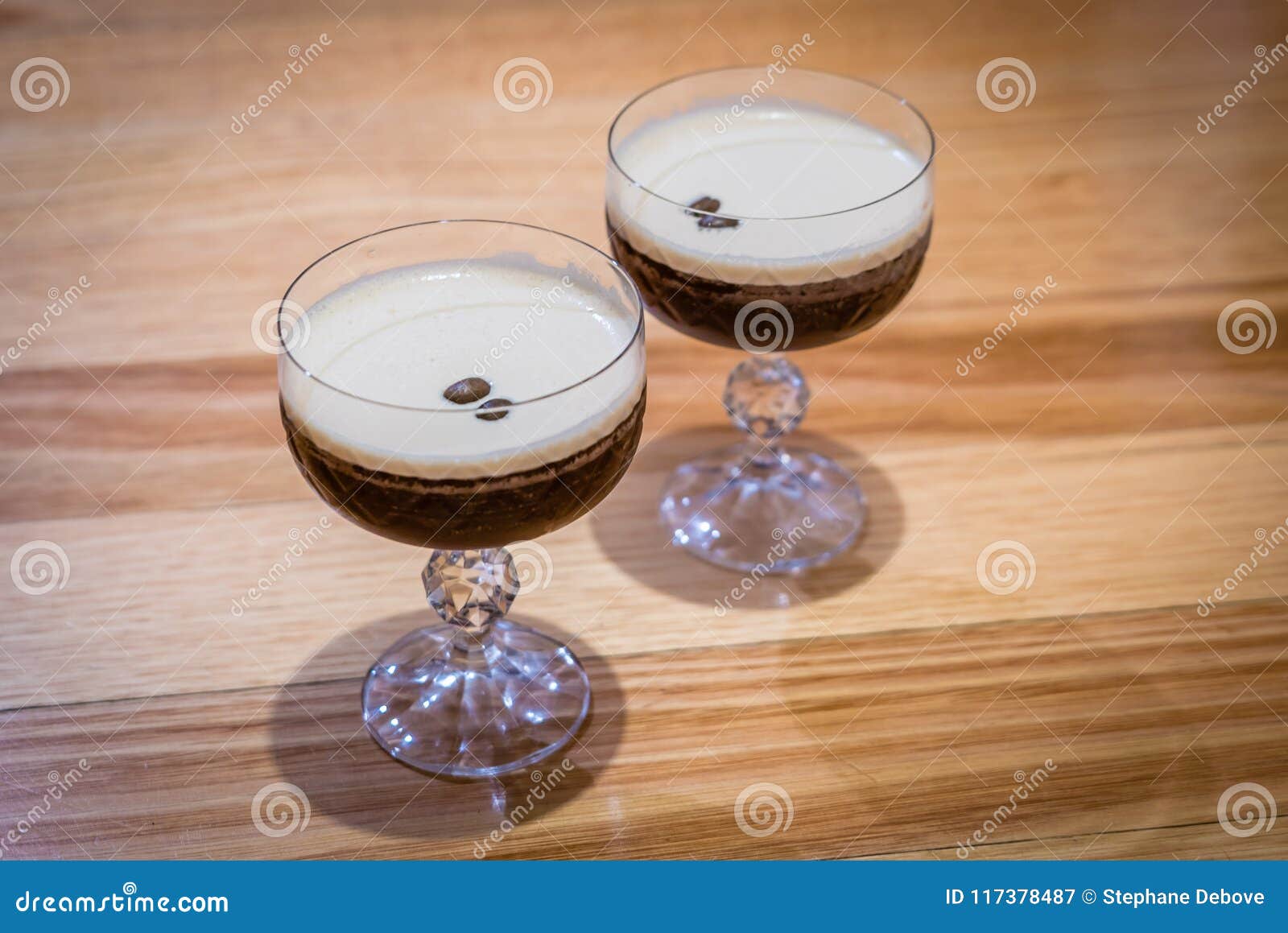 Two Espresso Martini Cocktail Drinks with Coffee Beans on Top Stock