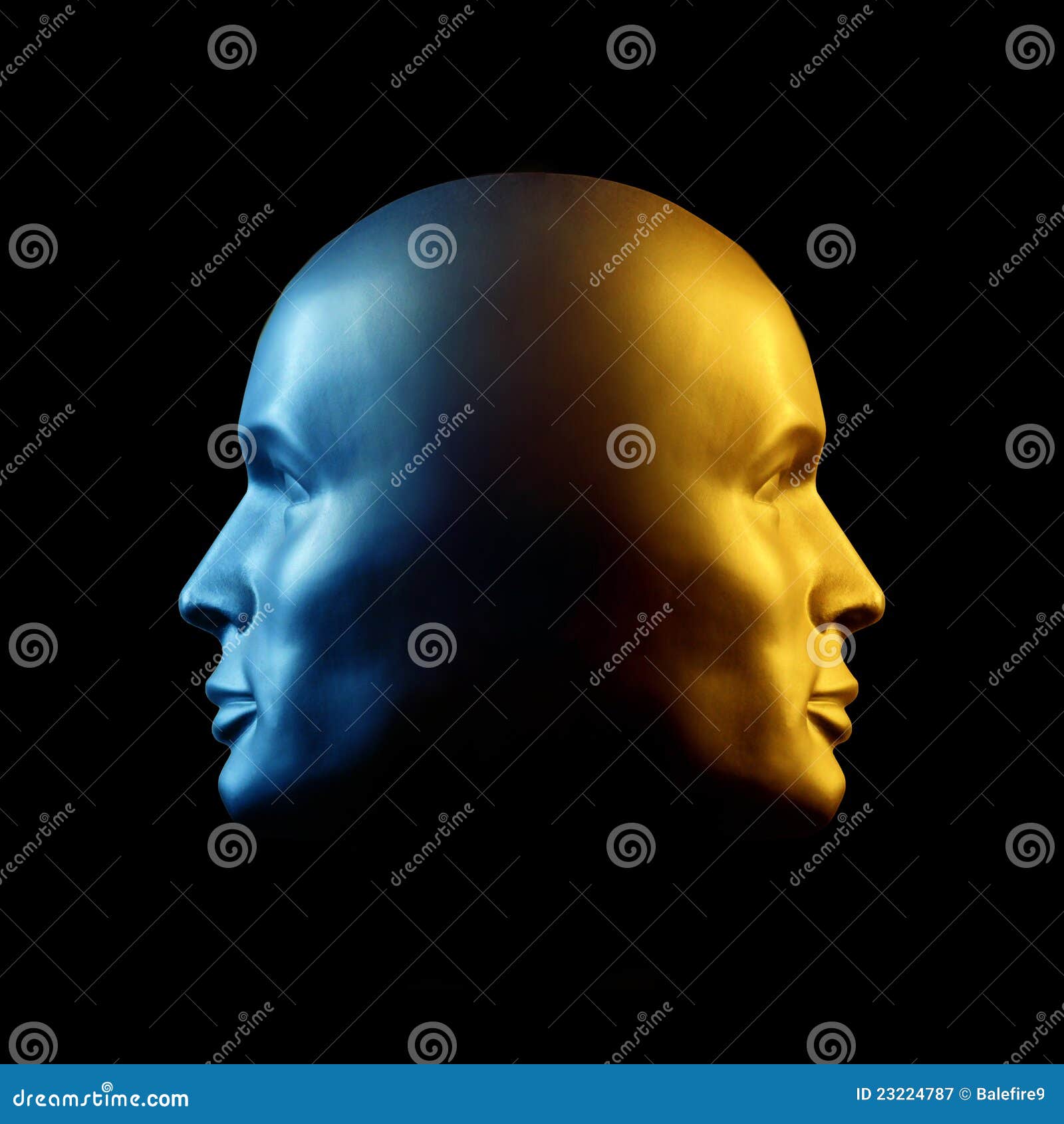 two-faced head statue, blue and gold