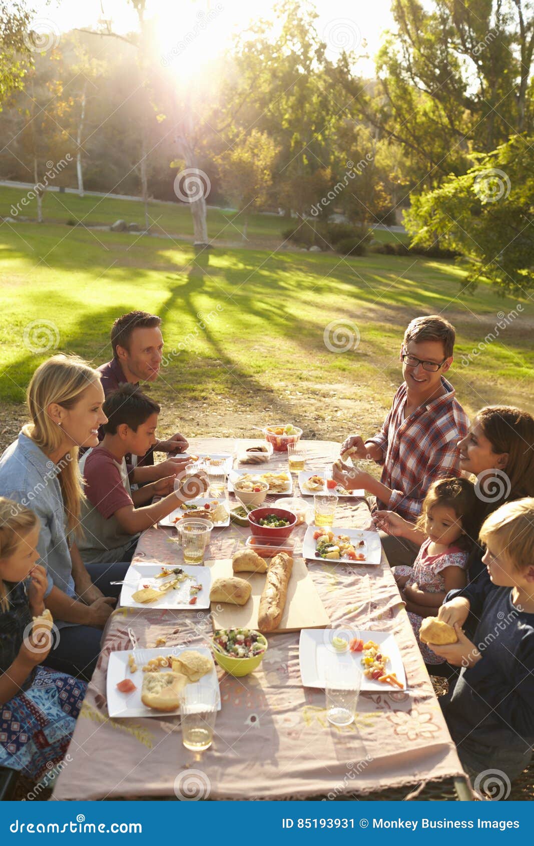 Two Families Having Picnic at a Table in a Park, Vertical Stock Image