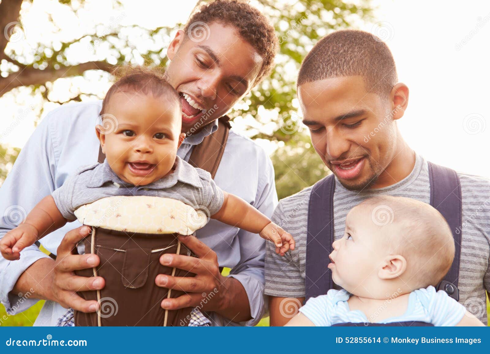Two Fathers with Baby Carriers Walking in Park Stock Photo Image of