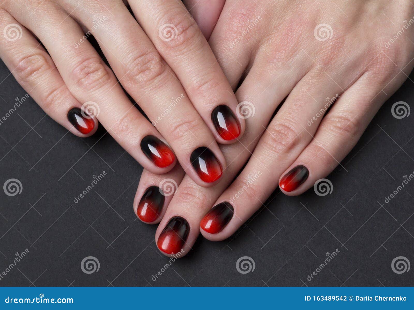 Two Female Hands with Red Black Ombre Gradient Nails on Dark Background  Stock Photo - Image of salon, season: 163489542