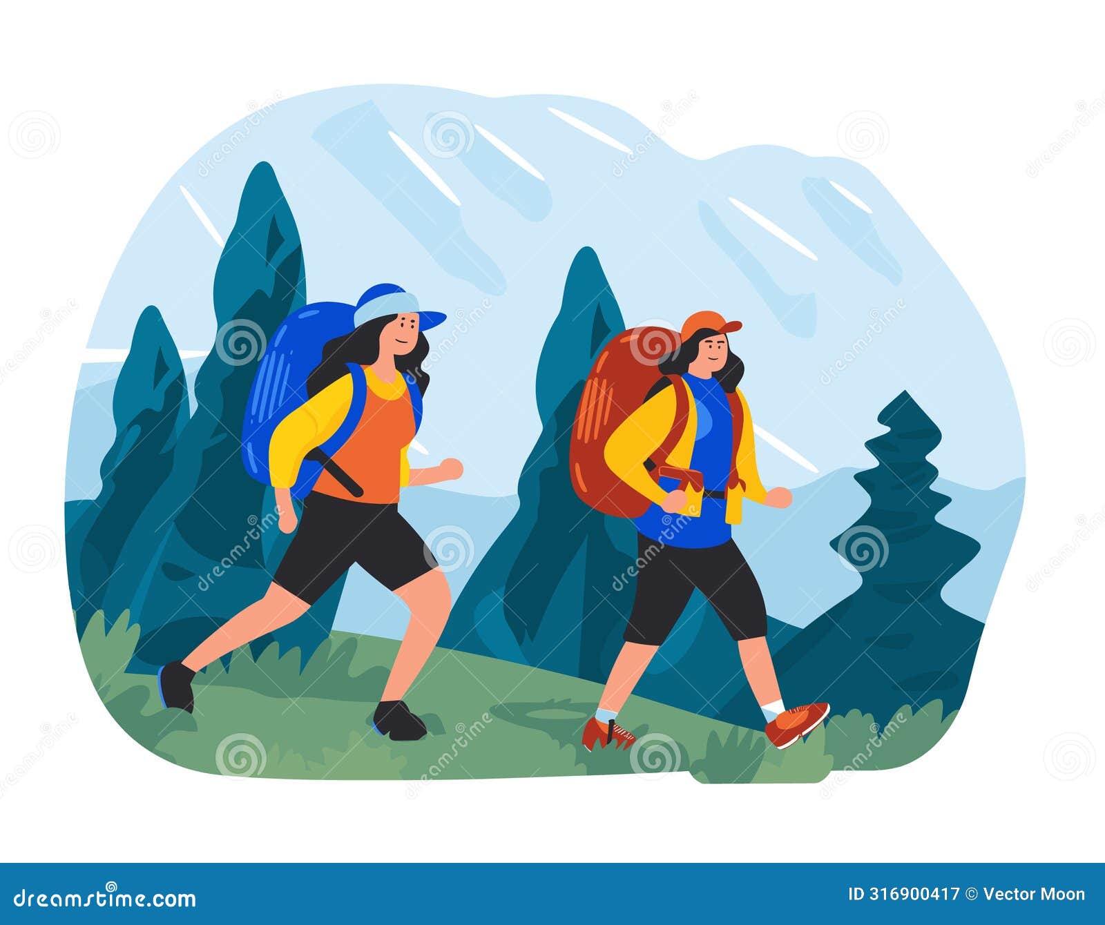 two female hikers trekking through mountainous landscape, enjoying outdoor adventure, dressed