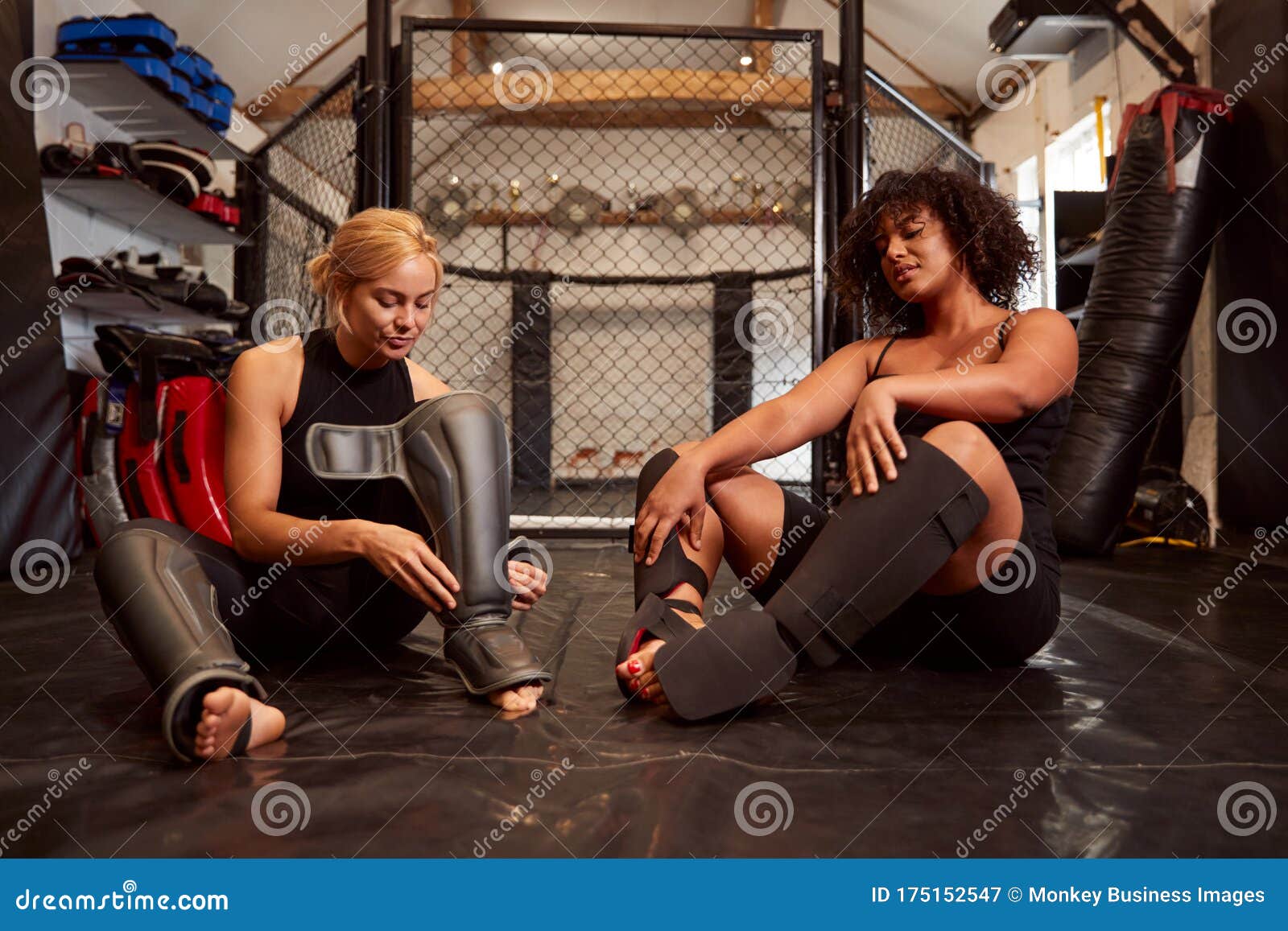 Two Female Mixed Martial Arts Fighters Putting Protective Equipment Training Gym 175152547 