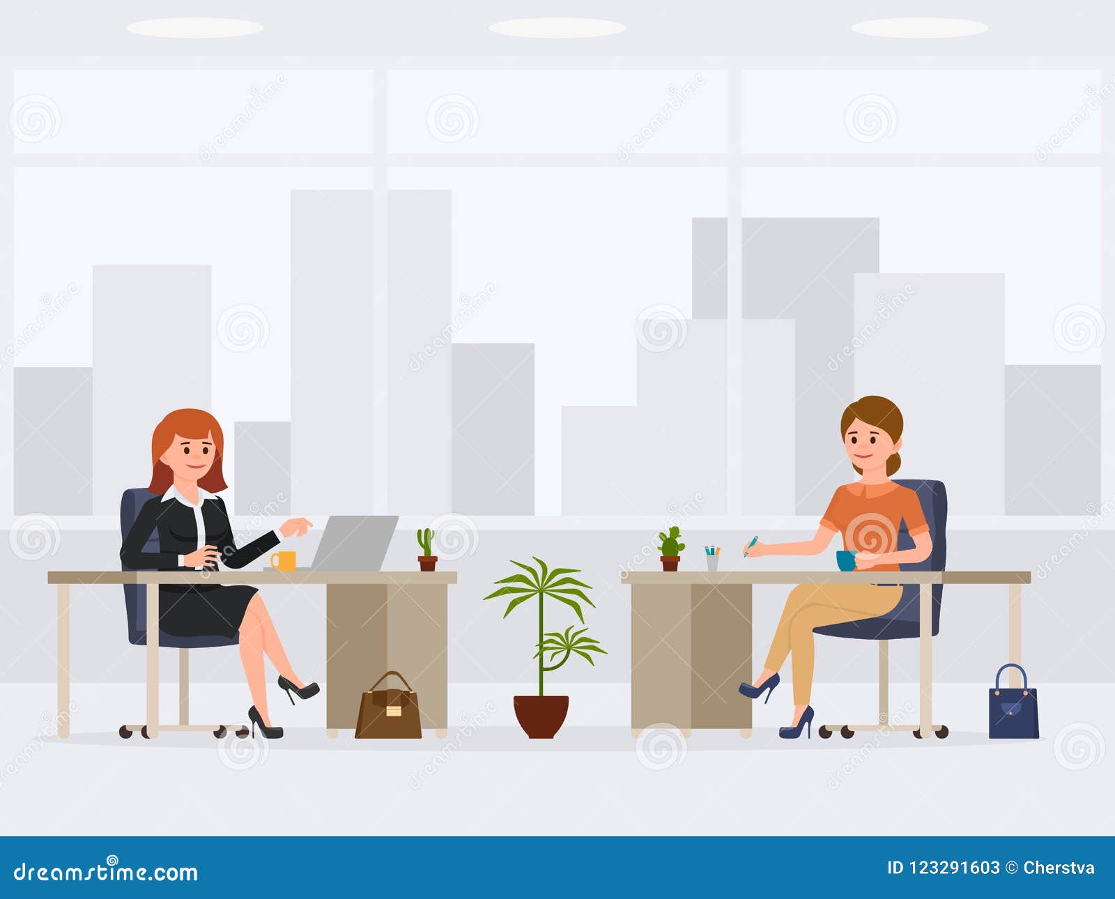 Two Female Office Workers At The Desks Cartoon Character