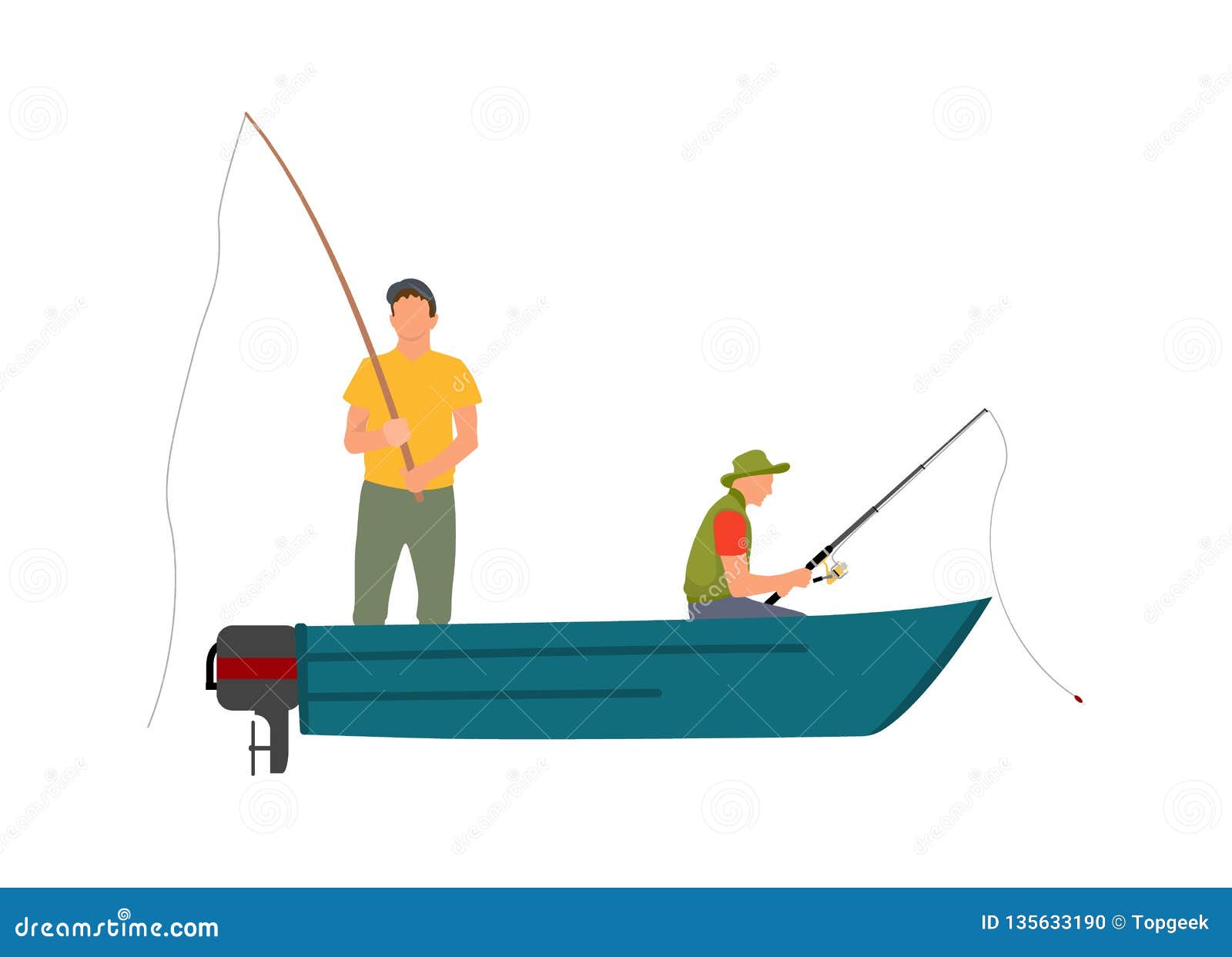 Two Fishermen with Fishing Rods on Motor Boat Stock Vector